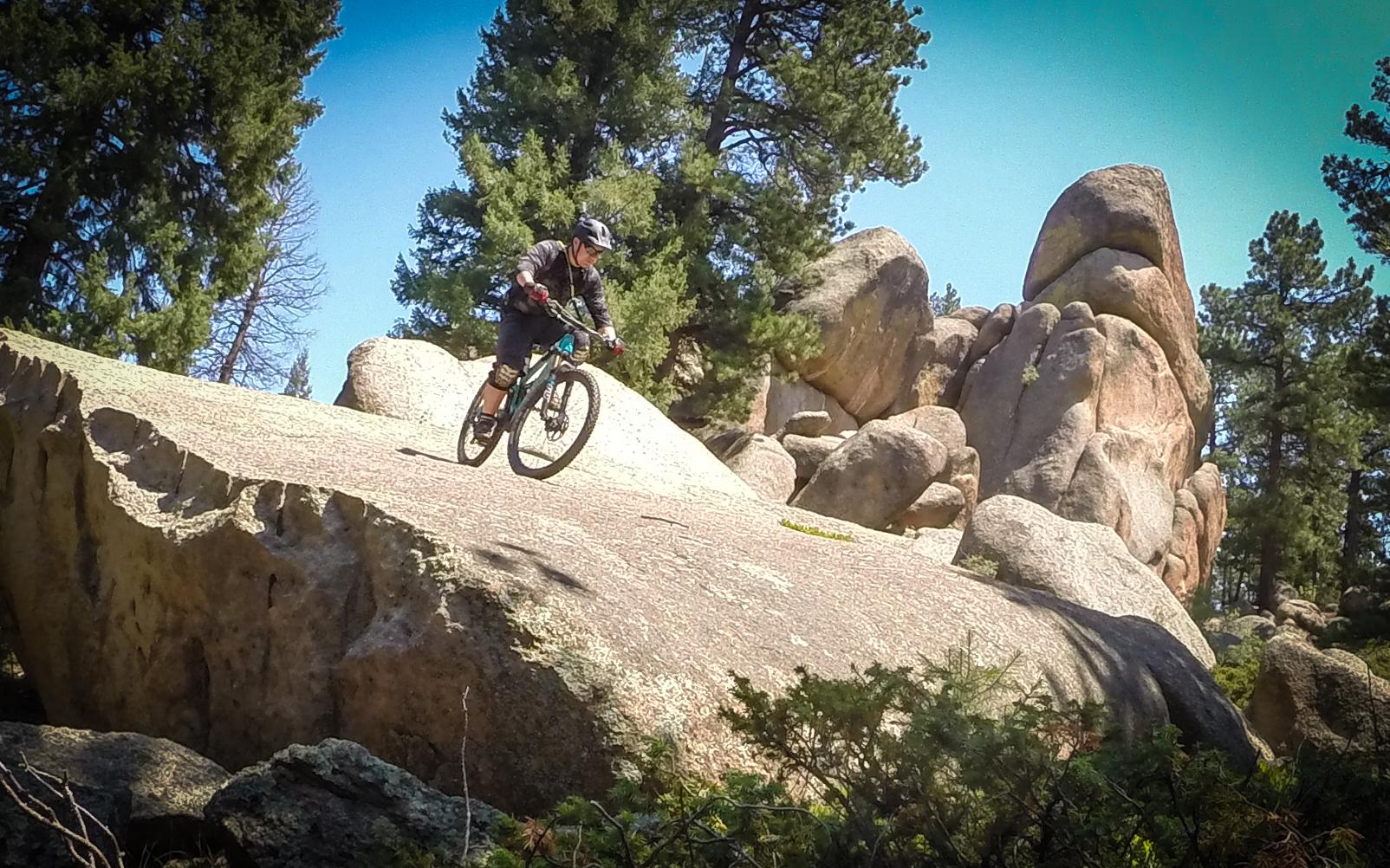 A mountain biker navigating a rocky trail on a large boulder, surrounded by tall pine trees under a clear blue sky. Buffalo Creek mountain bike trail.