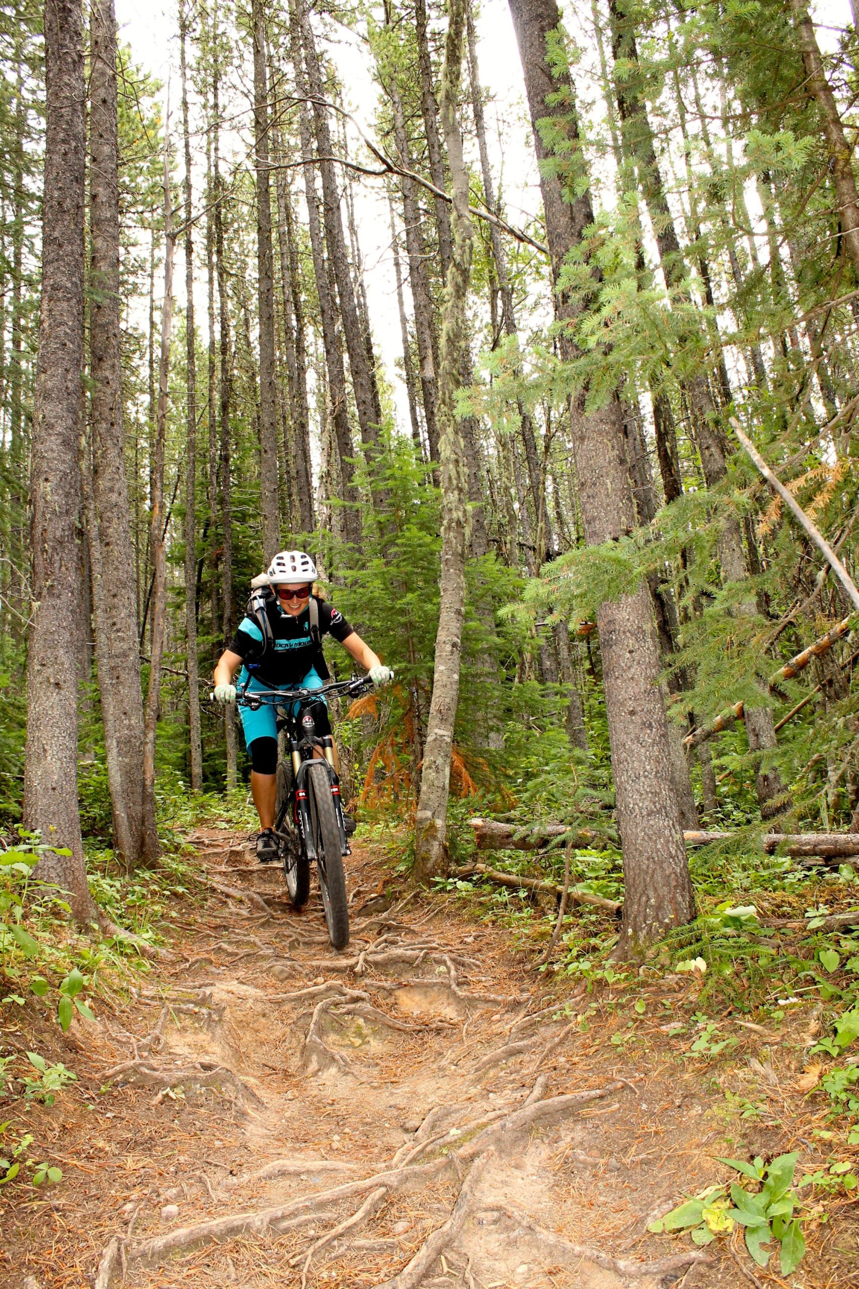 A mountain biker navigating a narrow trail through a dense forest, surrounded by tall trees and lush greenery. The path is uneven with exposed roots and natural terrain challenges, while the biker is wearing a helmet and cycling gear. Prairie View mountain bike trail.