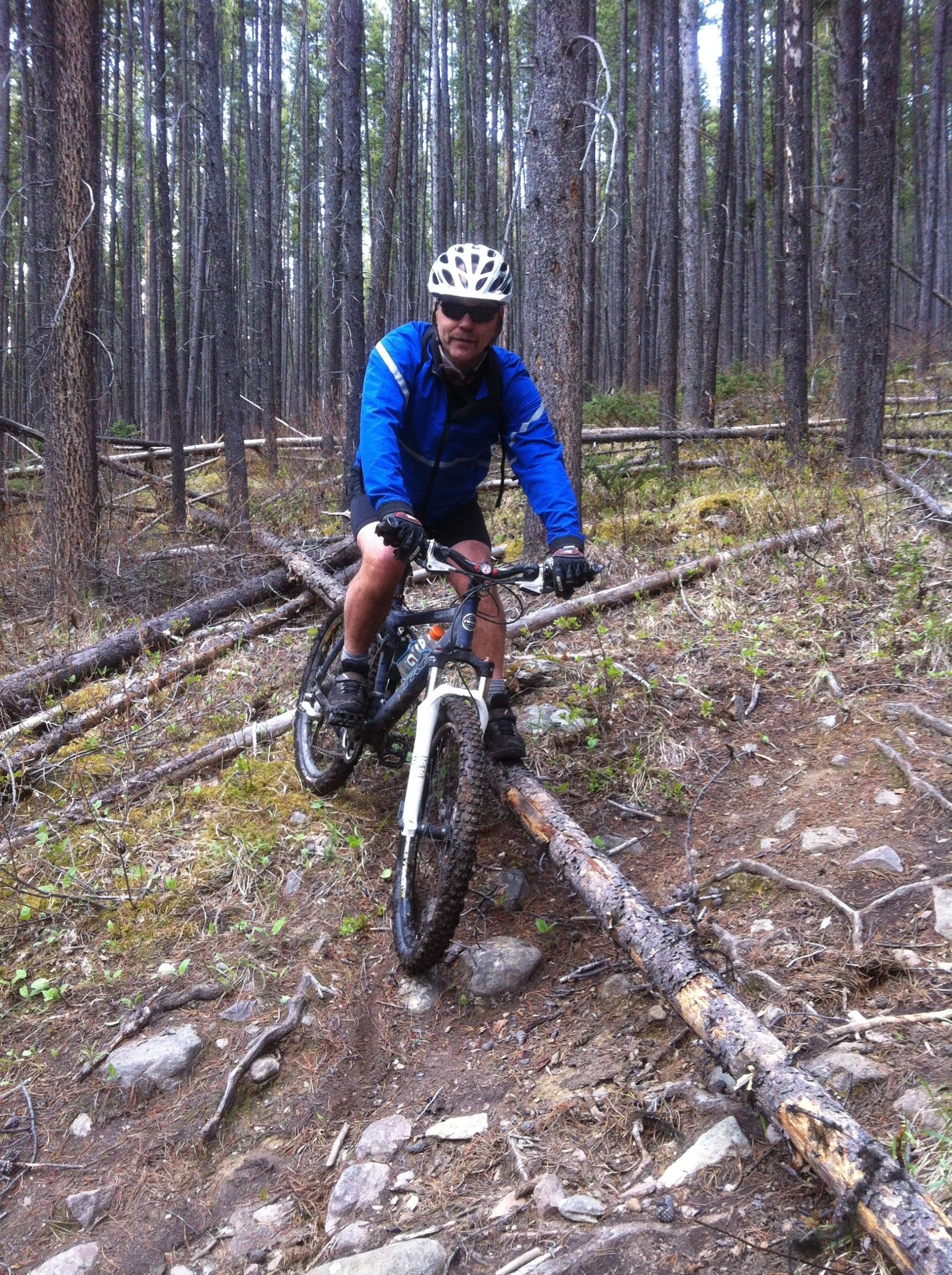 A mountain biker navigates a forest trail, wearing a blue jacket, shorts, and a helmet. The background features tall trees and fallen logs, indicating a rugged outdoor setting. The biker is in a focused position, demonstrating a challenging ride on a dirt path with rocks and branches. 20-mile loop / Saturday Night Lake Loop mountain bike trail.