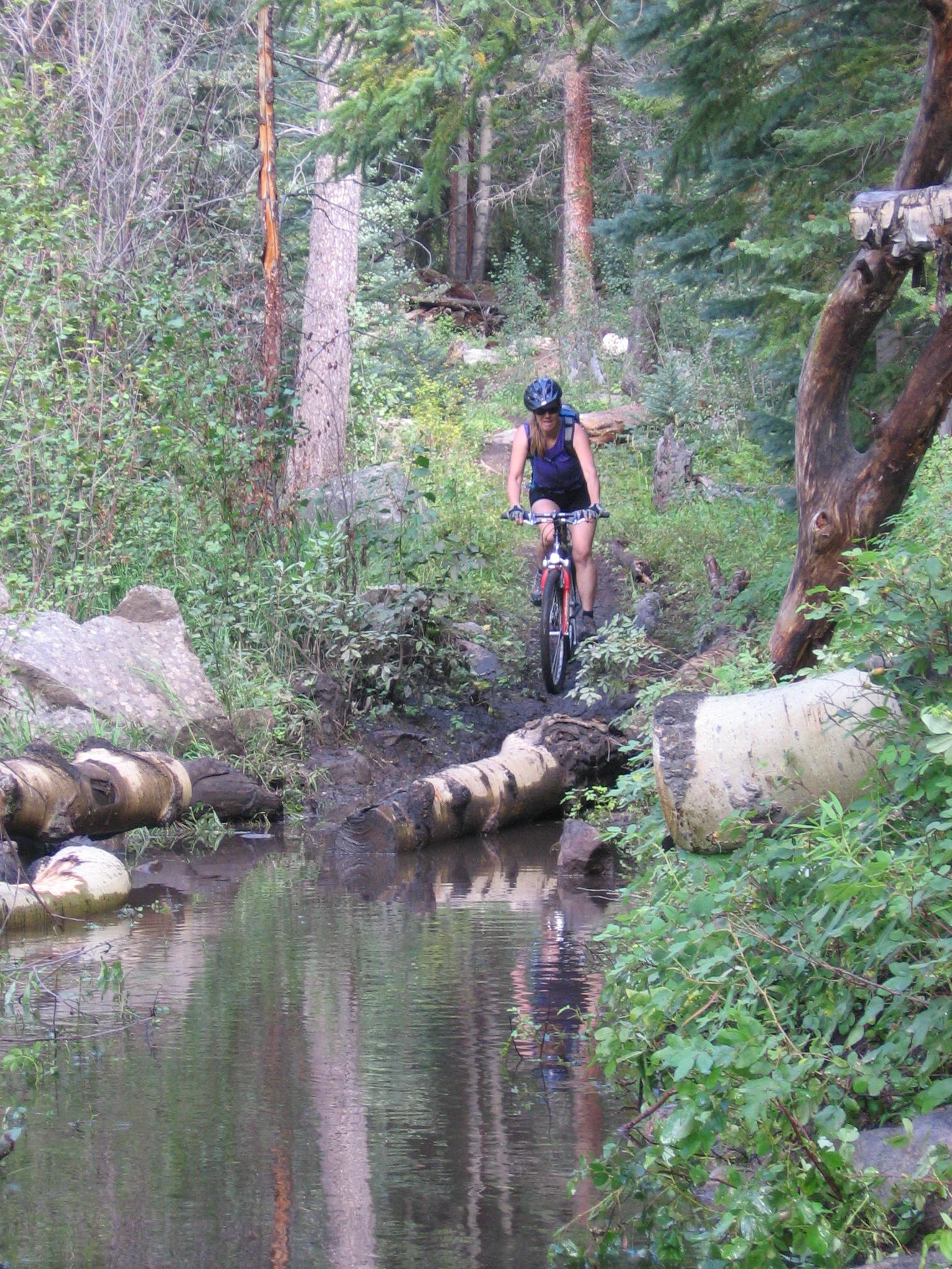 A mountain biker navigates a narrow, muddy path with logs and a calm water reflection in a forested area, surrounded by trees and lush greenery. Agate Creek mountain bike trail.