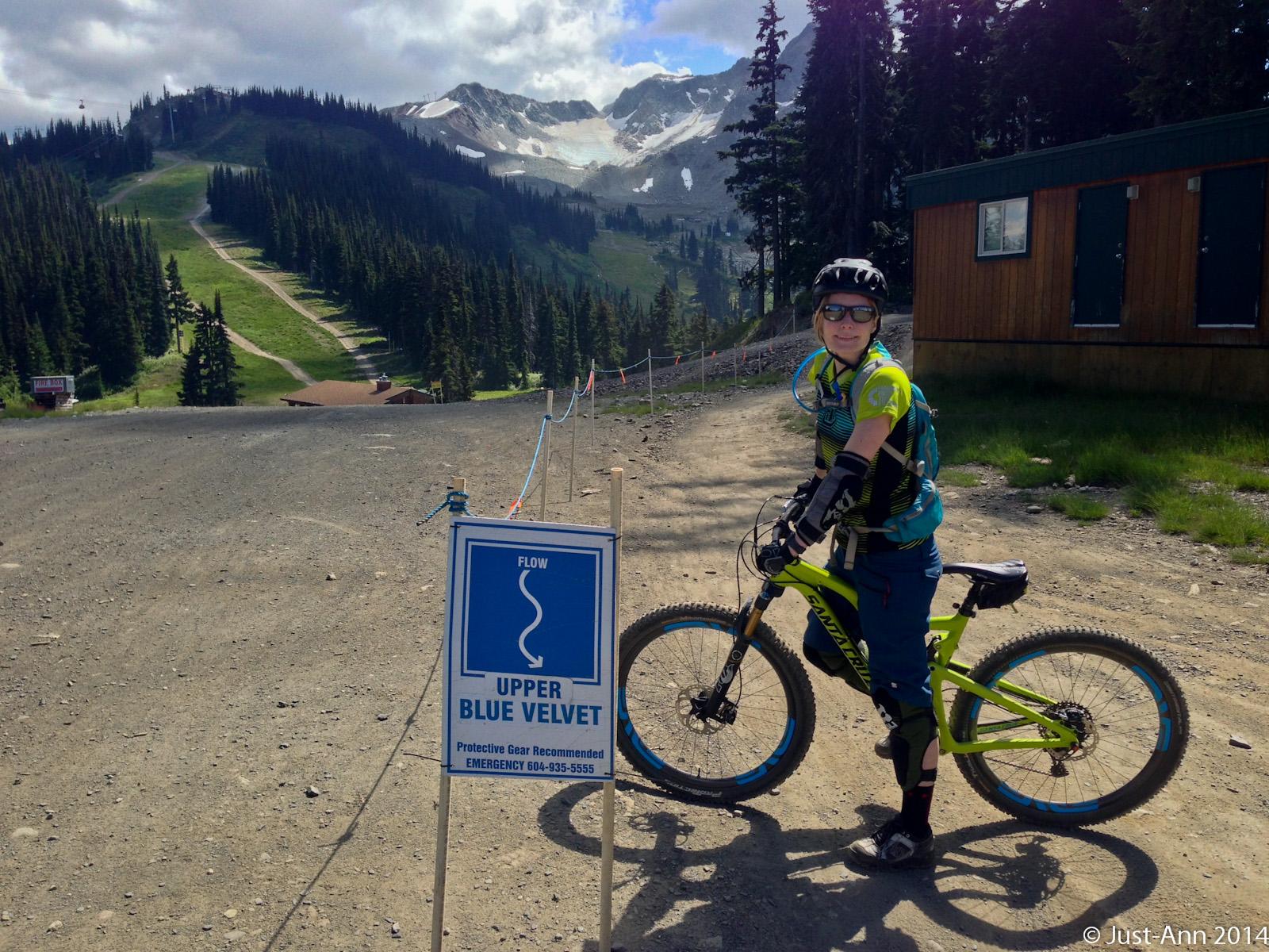 A mountain biker stands next to a sign for the "Upper Blue Velvet" trail, surrounded by lush green trees and mountainous terrain. The biker is wearing protective gear and sunglasses, with a bright blue and green jersey. In the background, ski lifts and a mountain peak are visible under a partly cloudy sky. Whistler Bike Park Garbanzo Zone mountain bike trail.