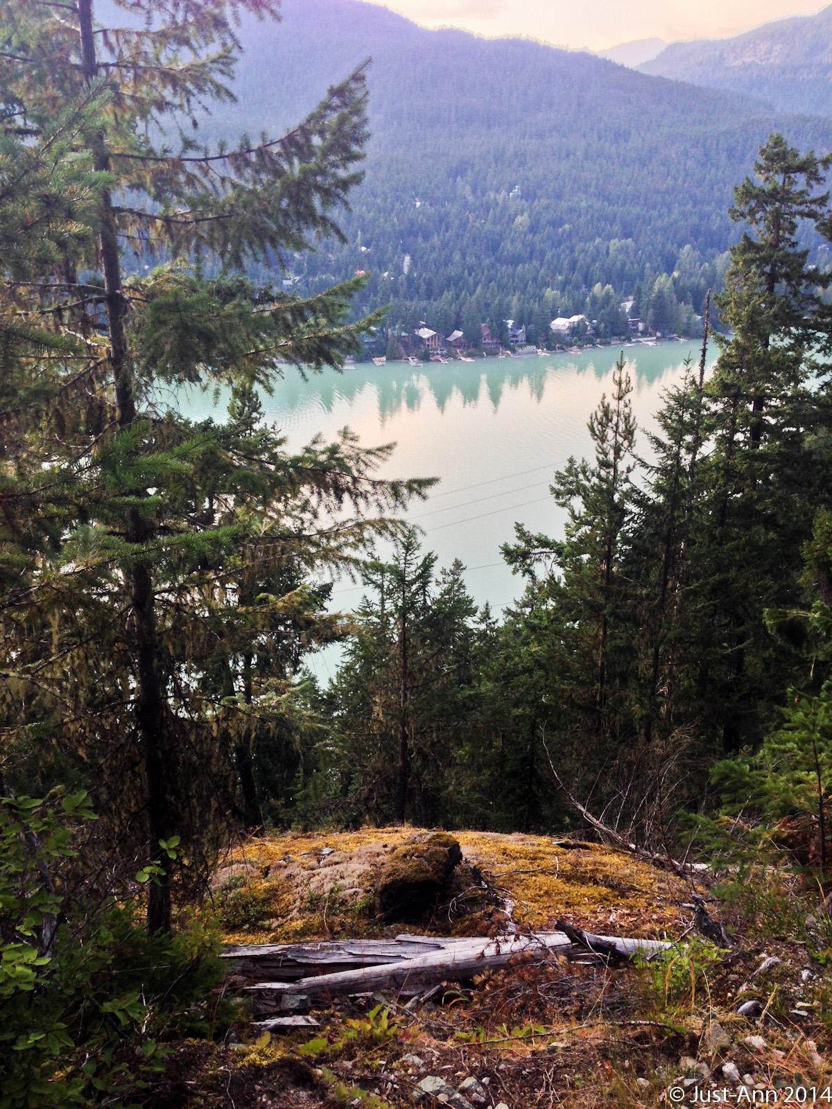 A scenic view from a hillside overlooking a tranquil lake, surrounded by dense evergreen forests and distant mountains. The lake reflects the greenery and has a soft, muted color. In the foreground, there are patches of mossy ground and fallen logs, enhancing the natural wilderness atmosphere. Sea To Sky Trail mountain bike trail.