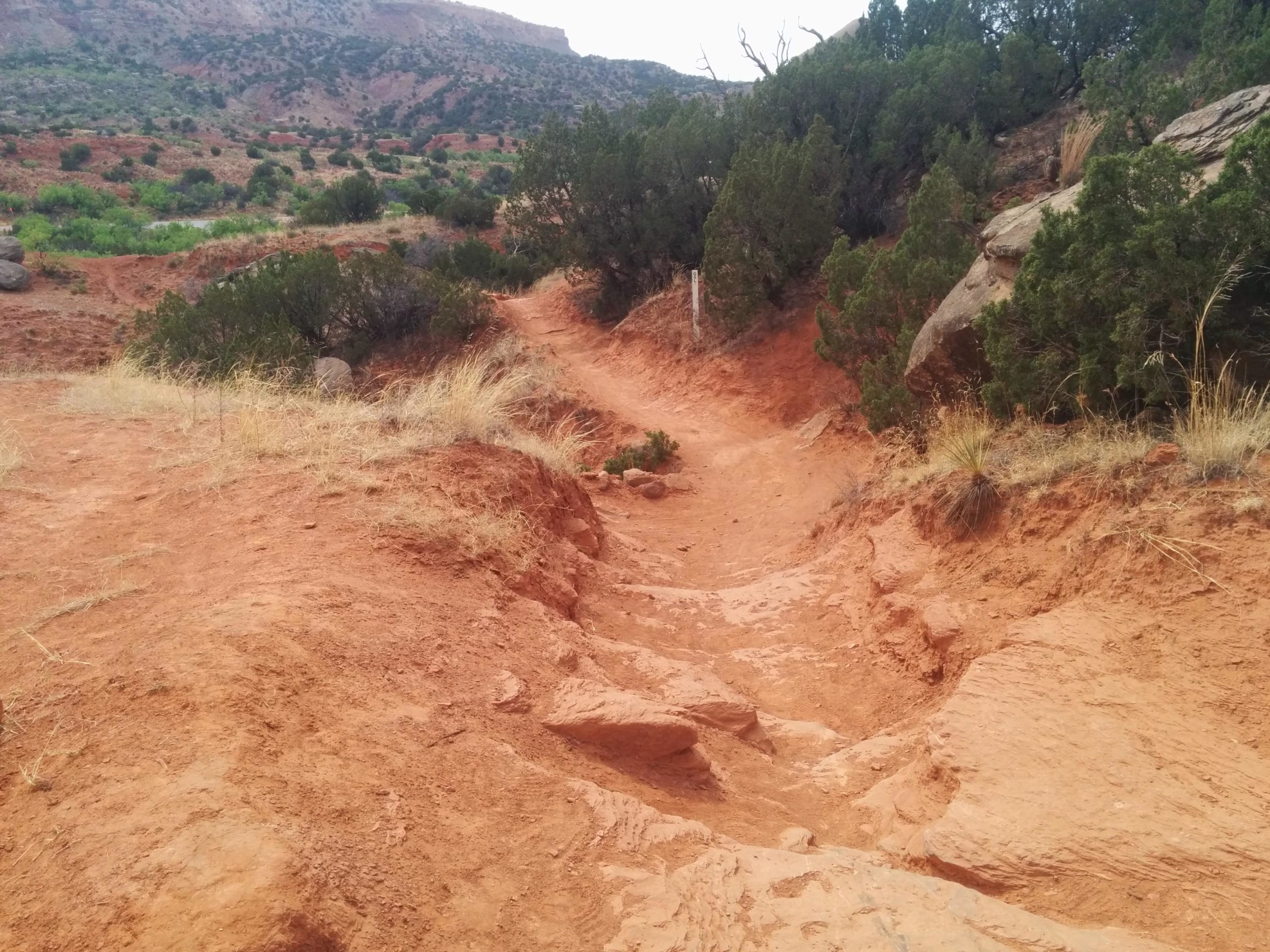 A winding dirt trail surrounded by sparse vegetation and rocky terrain, set against a backdrop of rugged hills. The path is characterized by reddish soil and a slight incline, suggesting a natural hiking route in a semi-arid landscape. Palo Duro Canyon mountain bike trail.