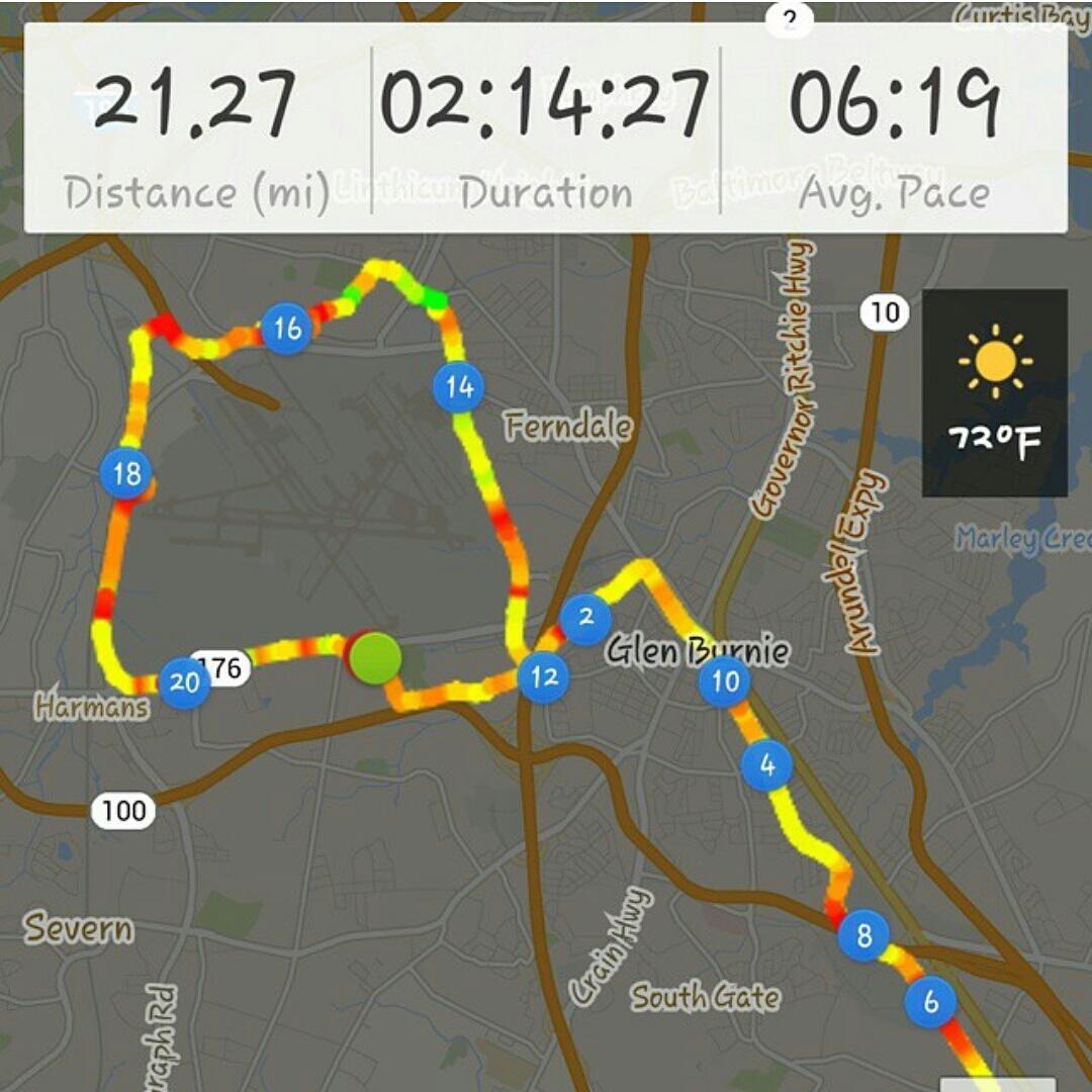 Trek 4500: A digital map displaying a running route with a distance of 21.27 miles, duration of 2 hours, 14 minutes, and an average pace of 6:19 per mile. The map highlights different segments of the route in a gradient of colors, indicating varying levels of intensity, and includes notable locations such as Ferndale, Glen Burnie, and Harmans. The temperature is noted as 72°F, with a sunny icon displayed in the corner.