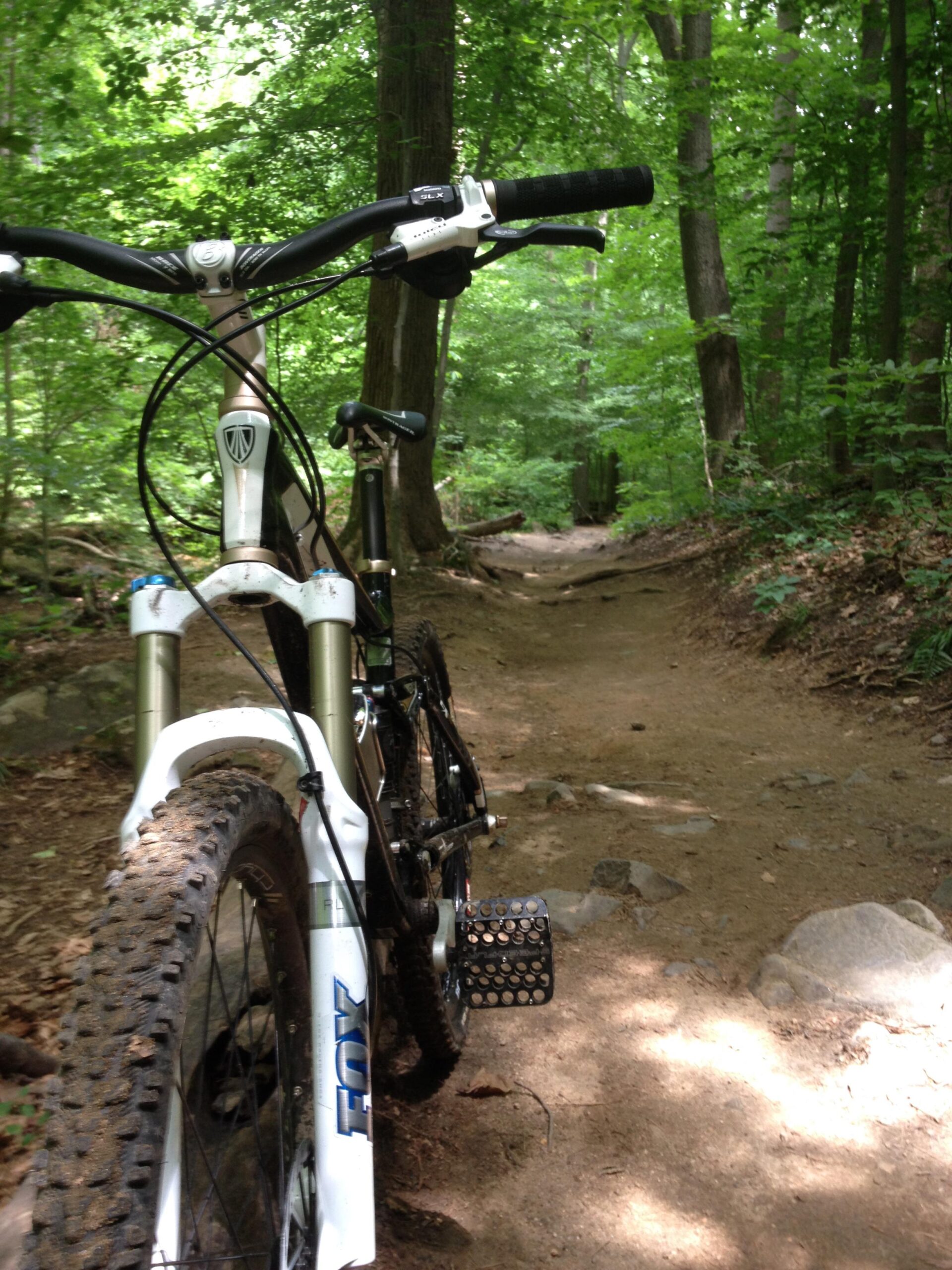 A mountain bike positioned on a dirt trail surrounded by dense green forest. The front wheel is in focus, showcasing the tire tread and suspension, while the background features a winding path leading deeper into the woods. Sunlight filters through the trees, casting dappled shadows on the ground. Patapsco Valley State Park (Avalon Area) mountain bike trail.