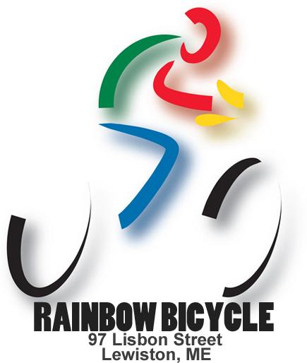 A colorful logo for "Rainbow Bicycle," featuring a stylized cyclist in motion. The design uses vibrant colors including red, green, blue, and yellow and is accompanied by the text "RAINBOW BICYCLE" and the address "97 Lisbon Street, Lewiston, ME."