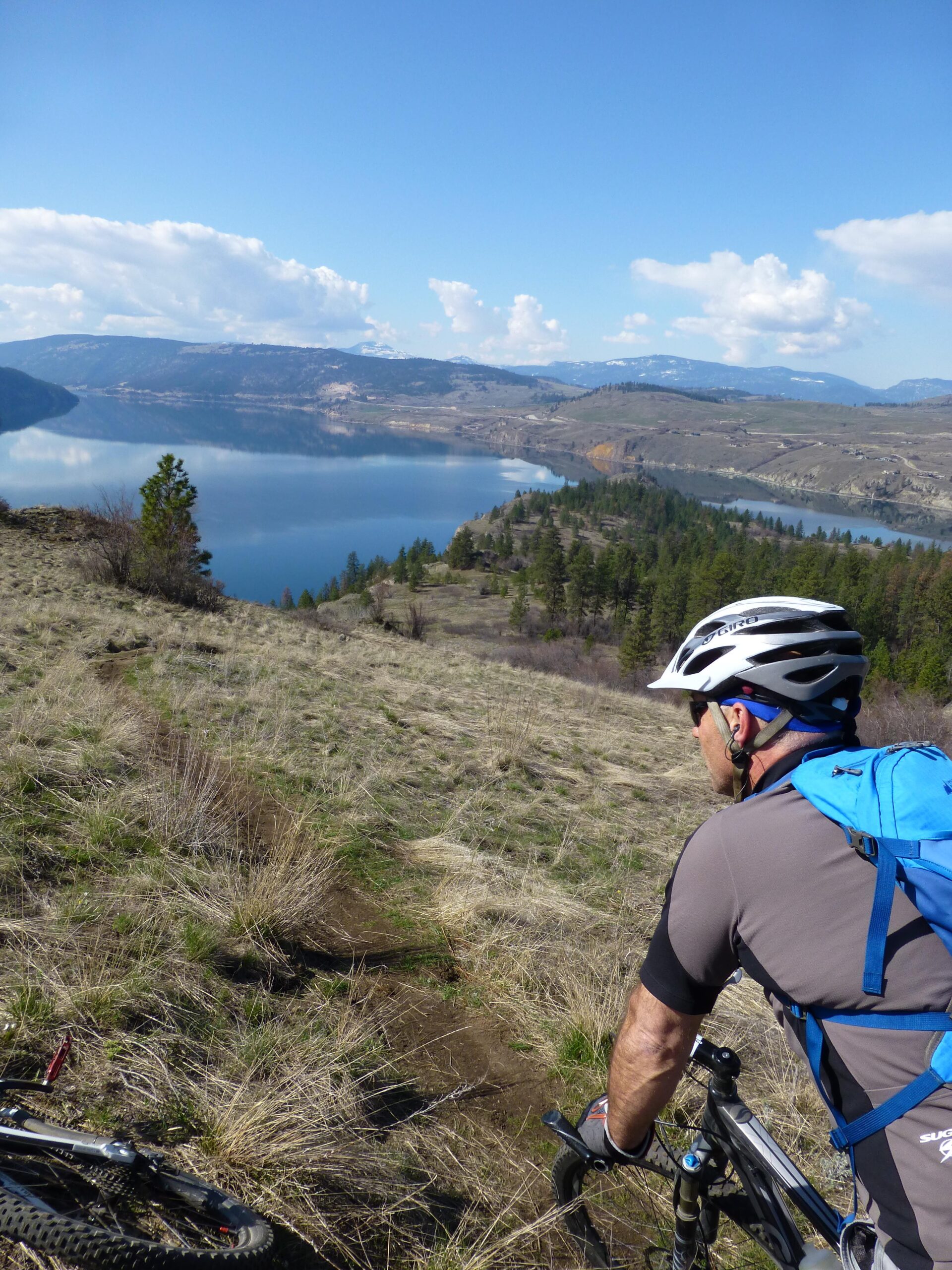 A mountain biker wearing a helmet and a blue backpack stands on a grassy hillside, gazing at a tranquil lake surrounded by mountains under a clear blue sky with fluffy clouds. A mountain bike is partially visible in the foreground. Kalamalka Lake Provincial Park mountain bike trail.
