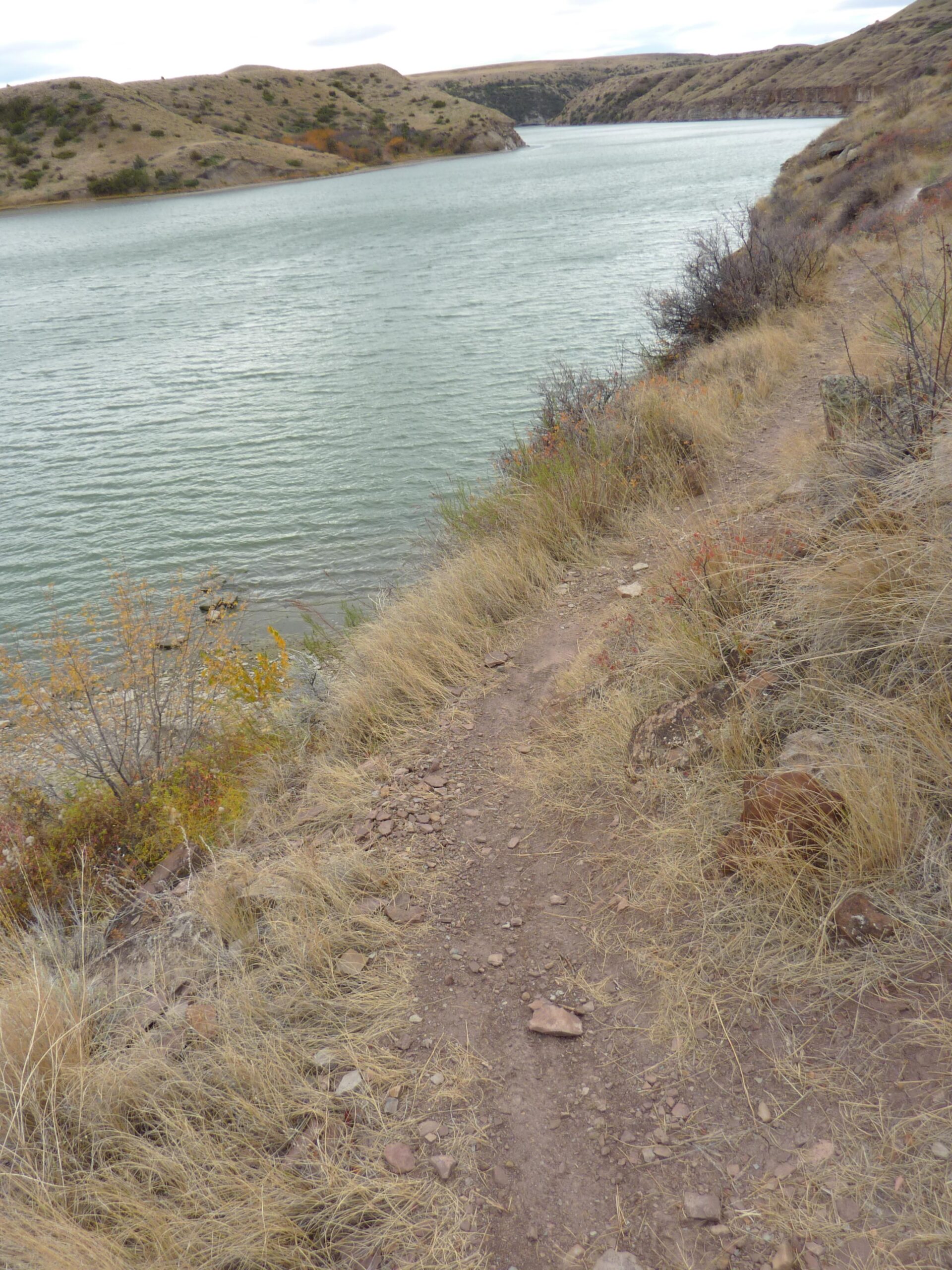 A narrow dirt path meanders along the edge of a tranquil river, bordered by dry grasses and scattered rocks. The water gently ripples under a cloudy sky, with hills visible in the background, creating a serene natural landscape. North Shore mountain bike trail.