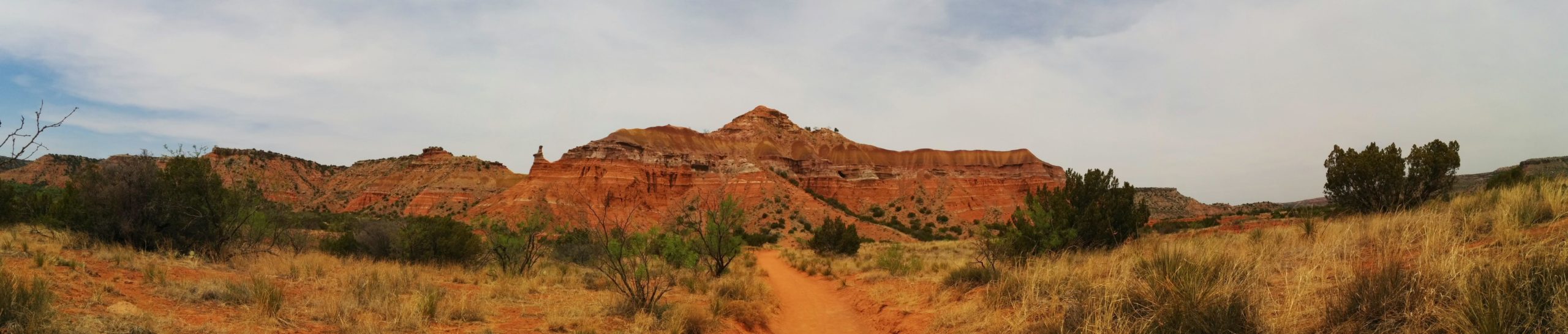 A panoramic view of a desert landscape featuring striking red rock formations, sparse greenery, and a dirt path leading through the foreground. The sky is filled with soft clouds, adding to the serene atmosphere of the scene. Palo Duro Canyon mountain bike trail.