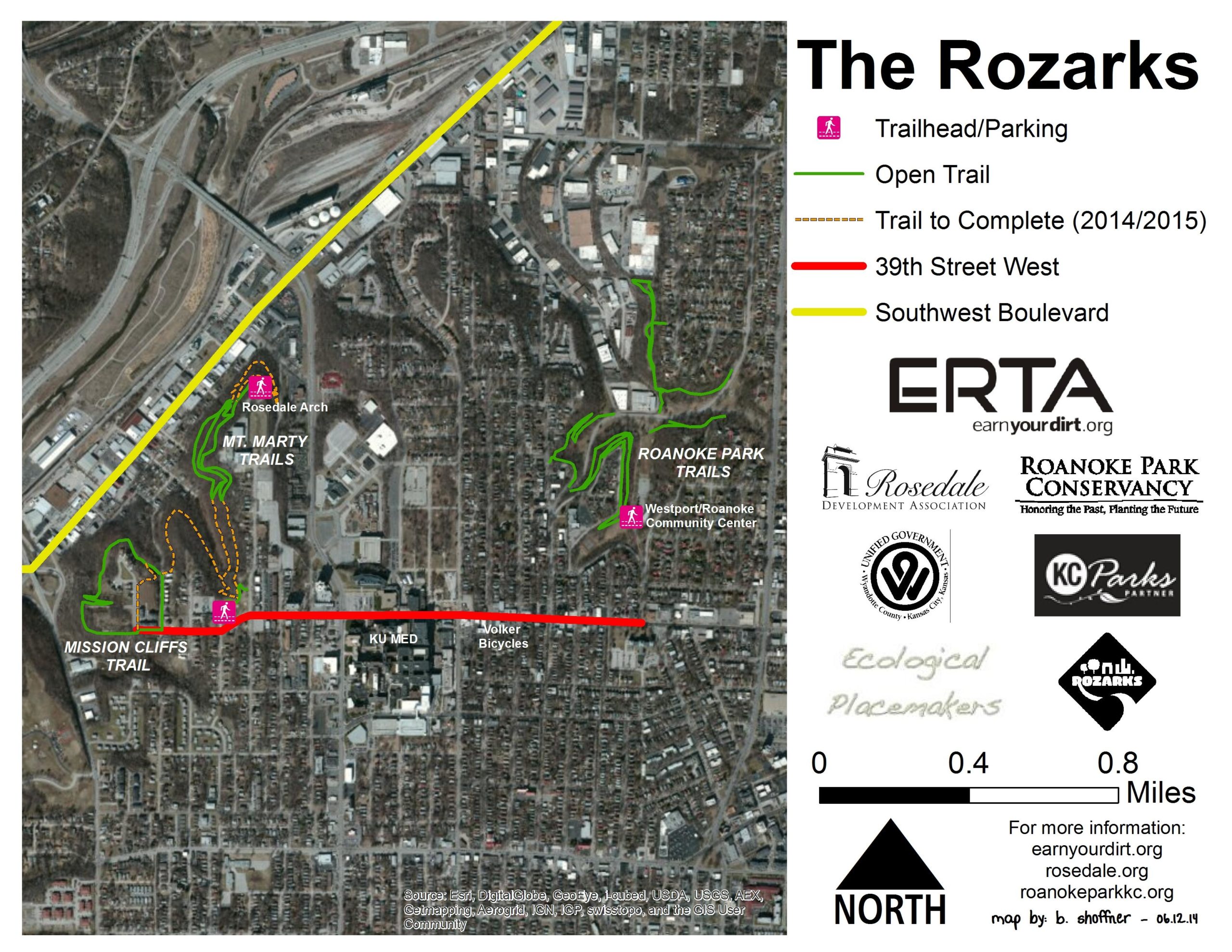 Map of The Rozarks trail system, featuring key locations such as Rosedale Arch and Mount Marty Trails. It highlights open trails, a trail to be completed (2014/2015), and key roadways including 39th Street West and Southwest Boulevard. The legend indicates the trailhead and parking areas, with directional markers for orientation. Rozarks mountain bike trail.