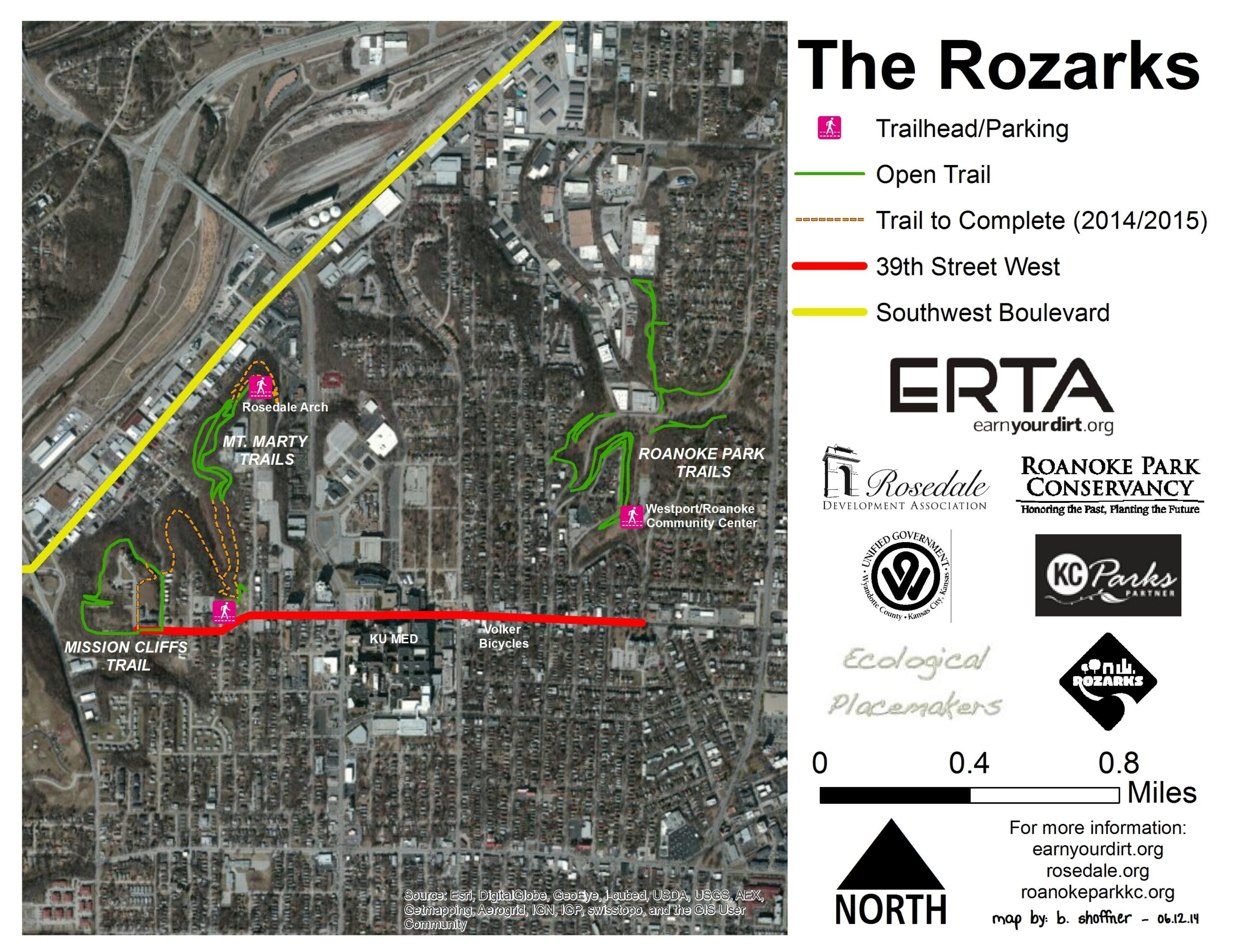 Map of The Rozarks area, showing various trails including Mt. Marty Trails and Mission Cliffs Trail. Key features include trailheads, parking areas, and notable landmarks like Rosedale Arch and the Westport/Roanoke Community Center. The map indicates open trails in green and trails marked for future completion in orange. It also includes a scale for distance and orientation, with North indicated at the bottom.