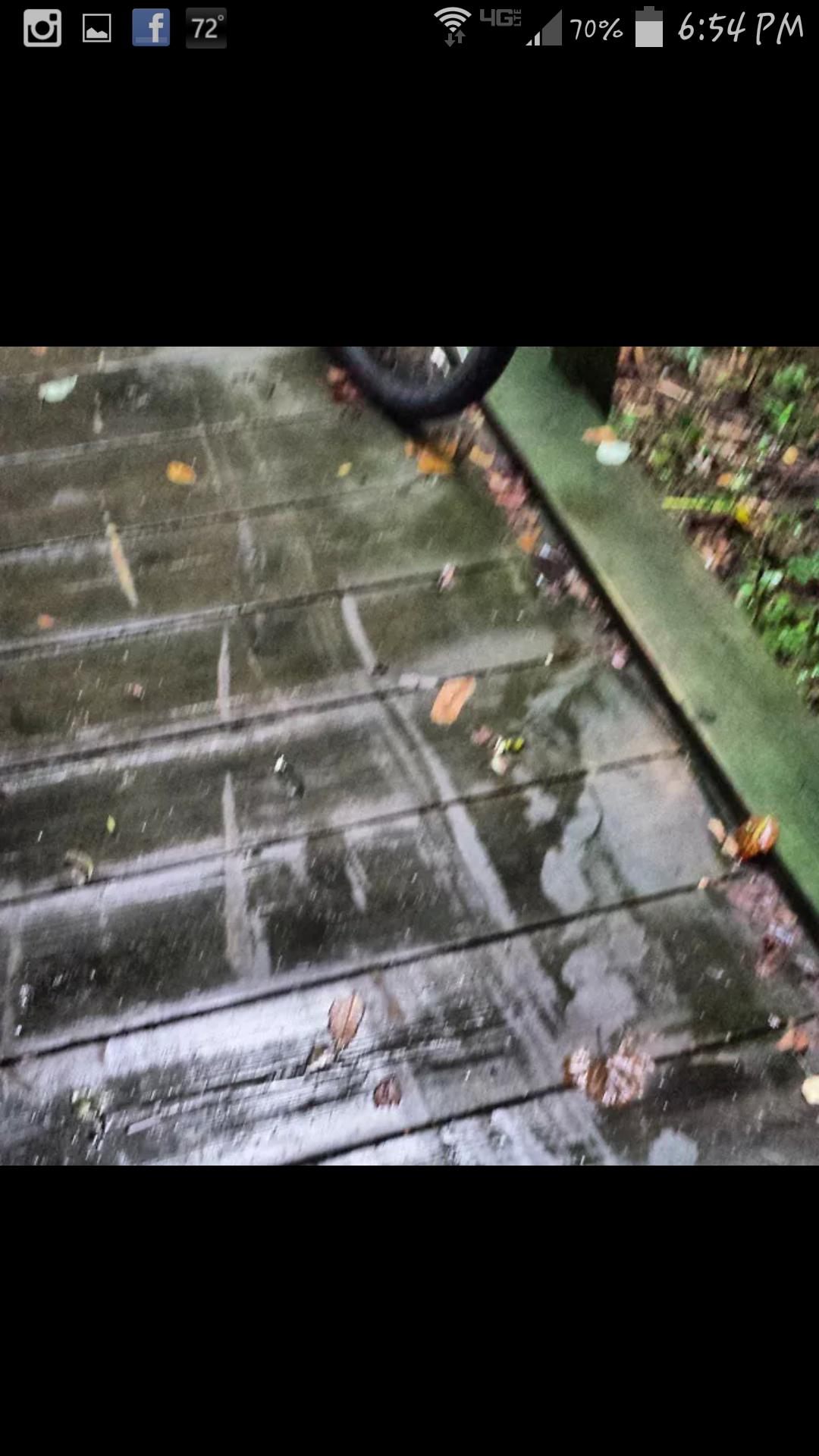 Wet wooden walkway with scattered leaves and a tire partially visible at the edge. The surface shows reflections and water pooling, suggesting recent rain.