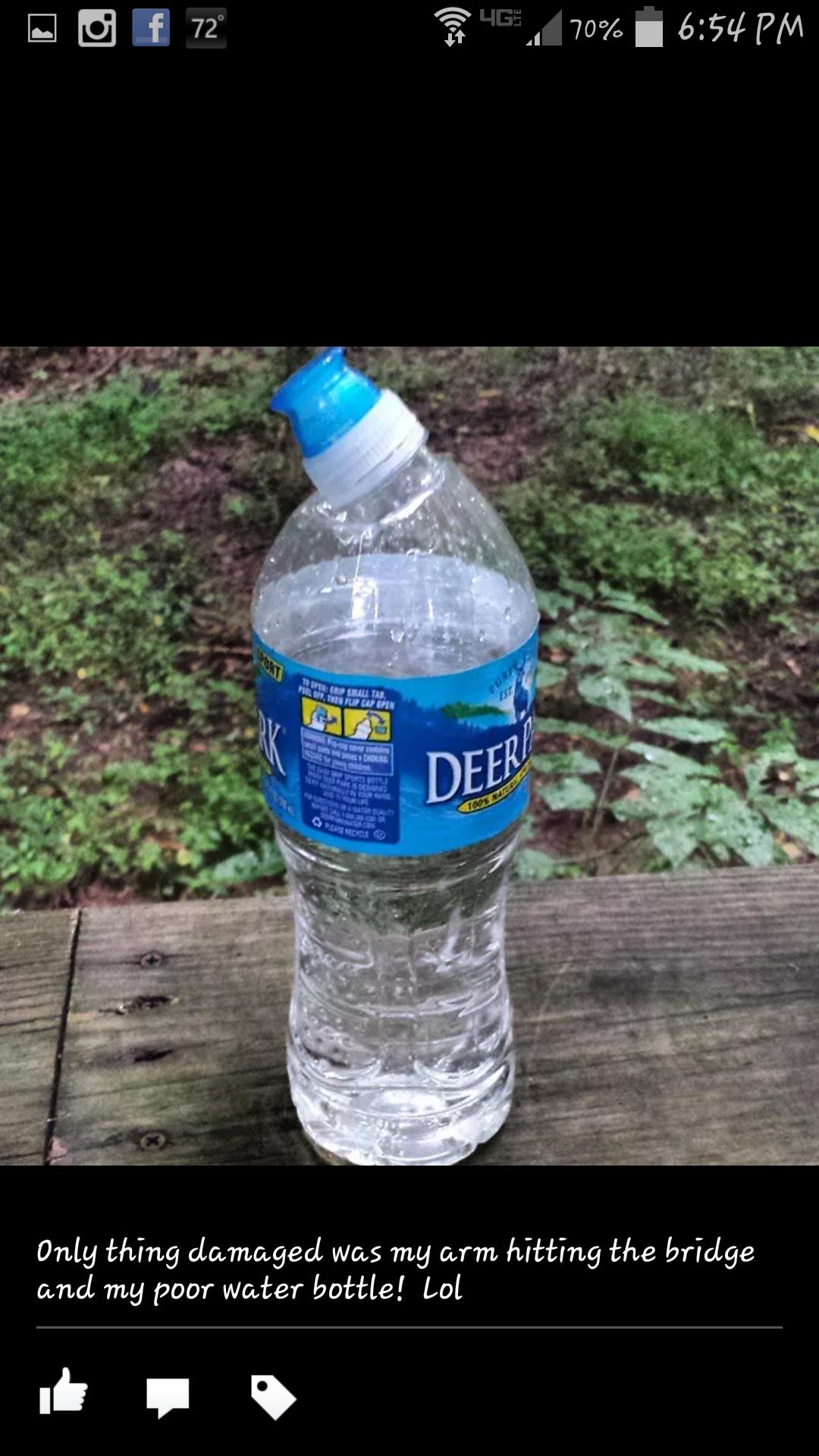 Trek 4500: A partially filled plastic water bottle labeled "Deer Park" sits on a wooden surface with a blurred background of greenery. The cap of the bottle is slightly crooked, and there is a caption below describing a humorous incident involving the bottle and an arm hitting a bridge.