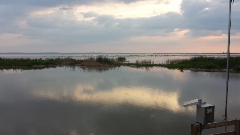 A tranquil landscape featuring a calm body of water reflecting the sky, with grassy areas along the shore. The scene is under an overcast sky, with soft, muted colors and a hint of sunset in the distance. A small monitoring device is visible on the right side of the image, adding a touch of human presence to the natural setting. Lake Apopka Restoration Area mountain bike trail.