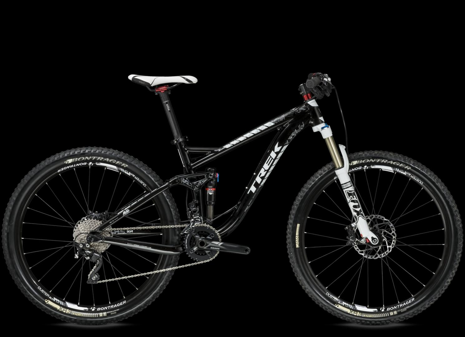 Trek Fuel EX 8: Alt tag: A black mountain bike with a sleek design and prominent Trek branding, featuring disc brakes, a suspension fork, and Bontrager tires, set against a black background.
