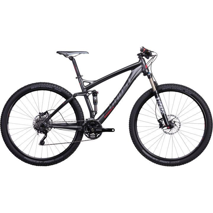 Ghost AMR 2955: Alt text: A sleek black mountain bike with a lightweight frame, front suspension, and wide tires, positioned on a white background. The bike features a modern design with gears and disc brakes visible.