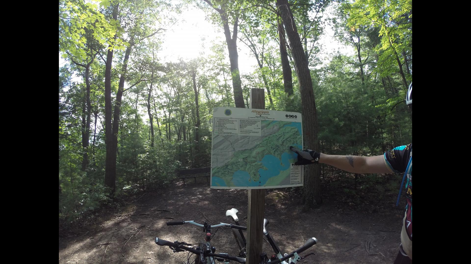 A cyclist in a colorful jersey points at a trail map mounted on a wooden post in a wooded area. Sunlight filters through the trees, creating a dappled light effect on the ground. A bicycle is visible in the foreground. Allegrippis Trails mountain bike trail.