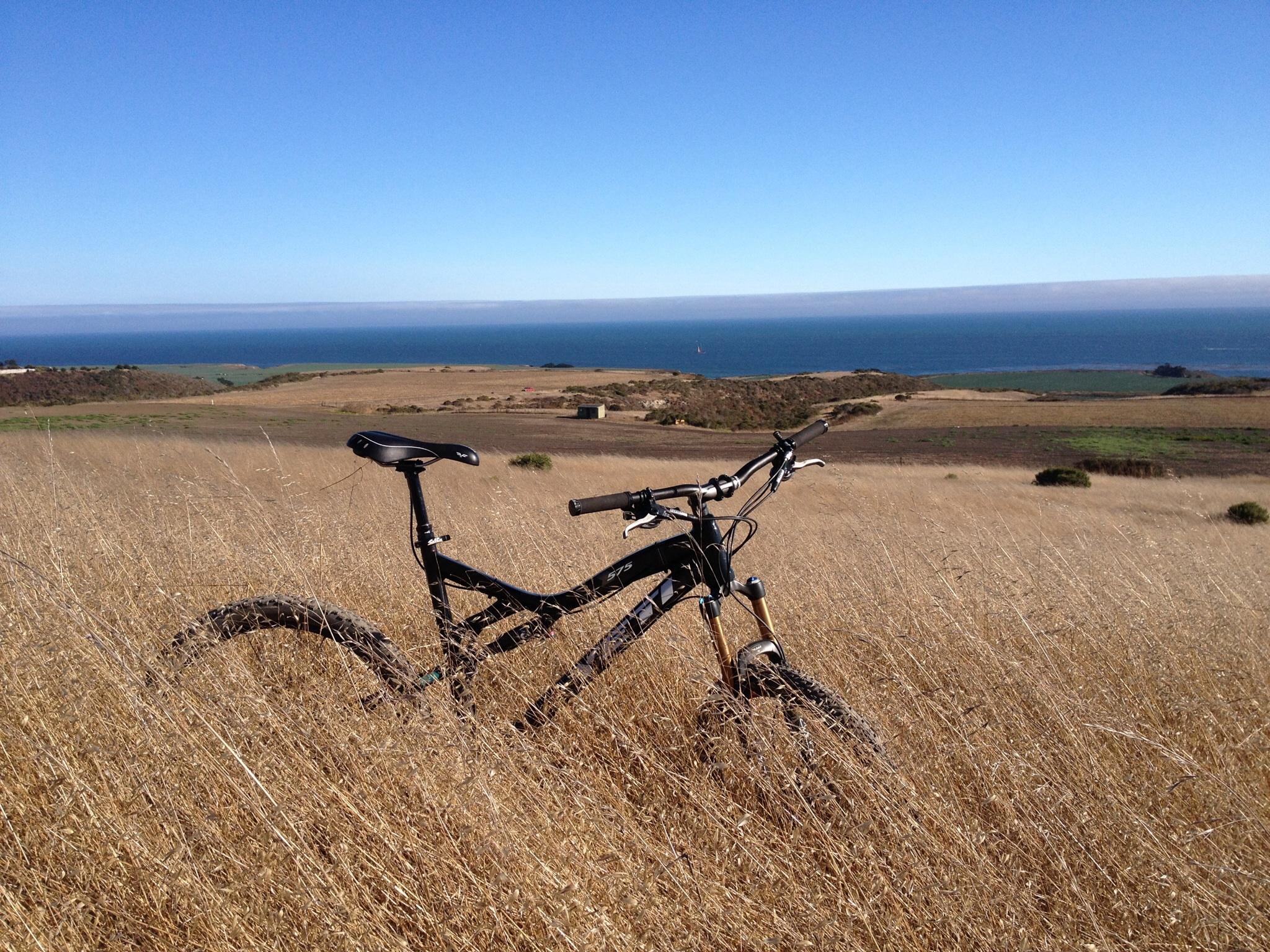 Yeti 575: A black mountain bike partially hidden in tall dry grass, with a panoramic view of the ocean and blue sky in the background. The landscape features rolling hills and patches of greenery.