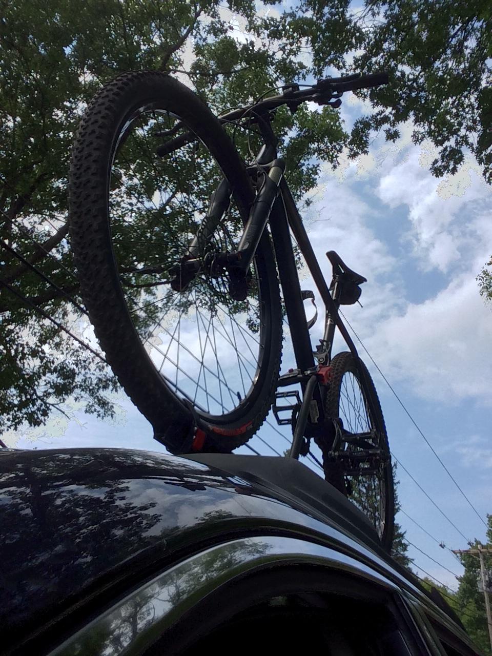 Specialized Stumpjumper FSR Comp 29: A mountain bike is secured on the roof rack of a black vehicle, with trees and a partly cloudy sky in the background. The view is from below, highlighting the bike's wheels and frame against the foliage.