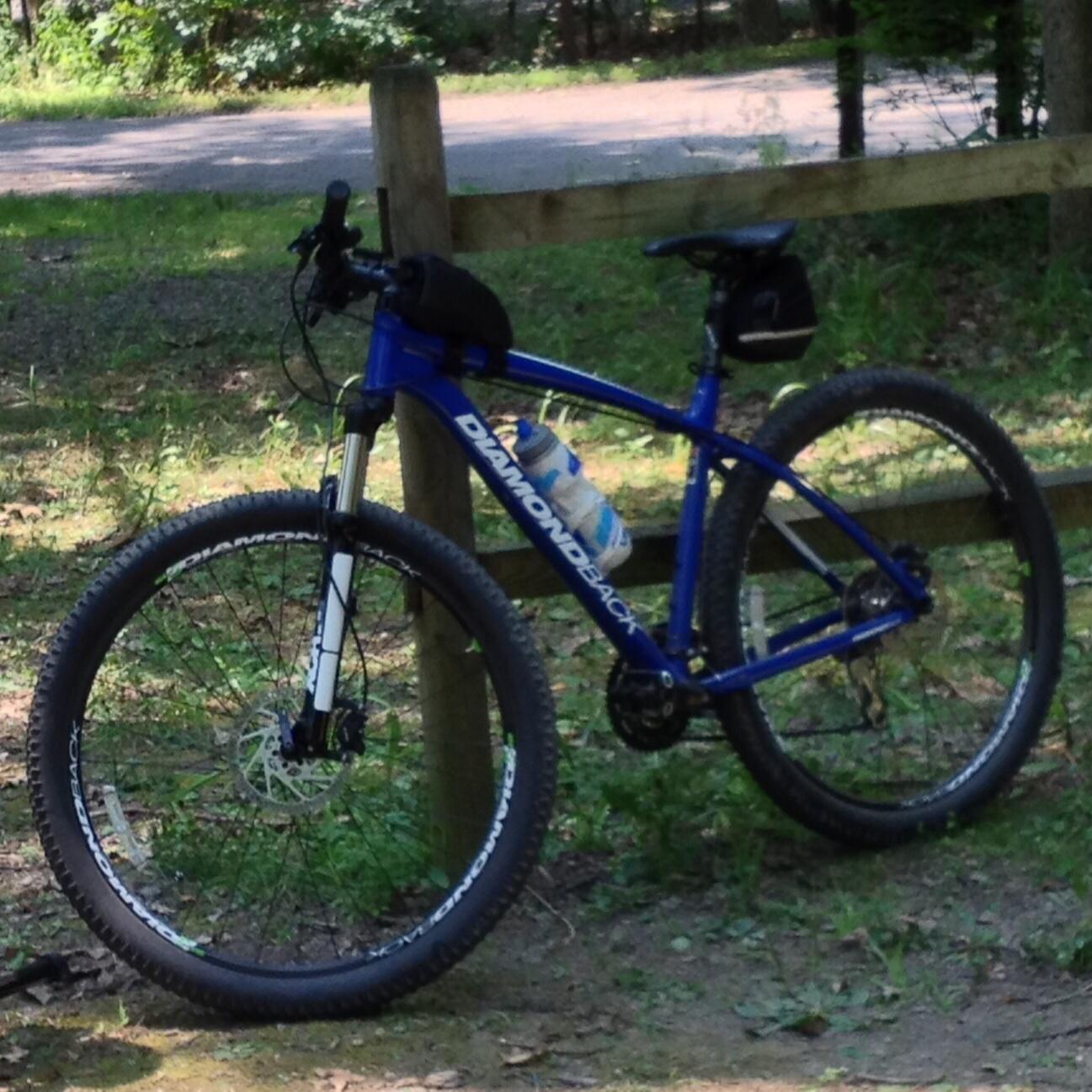 Diamondback Overdrive Sport: A blue Diamondback mountain bike leaning against a wooden fence in a wooded area. The bike has large tires and a water bottle attached to the frame. Sunlight filters through the trees, casting dappled light on the ground. A road is visible in the background.