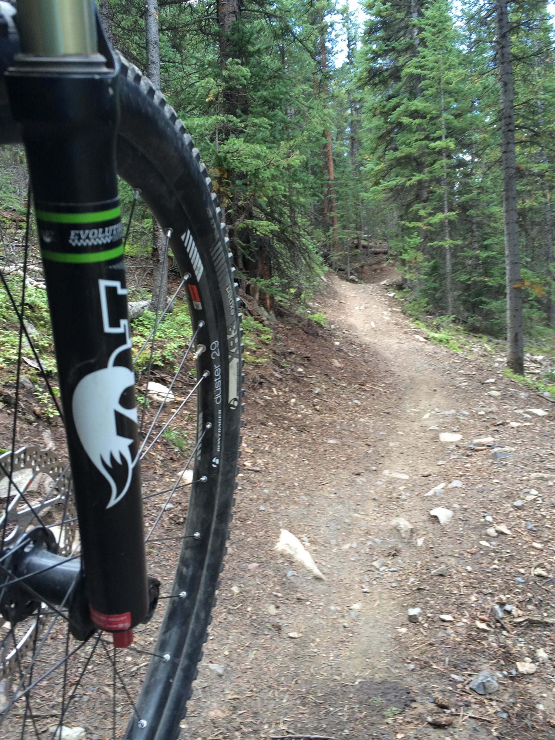 Close-up view of a mountain bike wheel and fork with a forest trail winding through trees in the background. The path is surrounded by dirt and rocks, indicating a rugged outdoor environment. Barney Ford / Juniata Trail mountain bike trail.