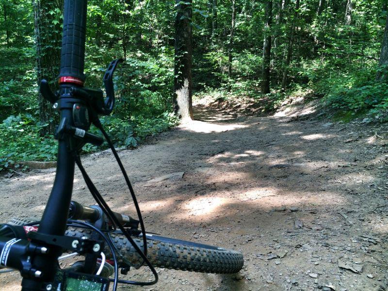 A close-up view of a mountain bike's handlebar and front tire resting on a dirt trail, surrounded by lush green trees and vegetation. The path curves ahead, leading into a shaded forest. Sope Creek mountain bike trail.