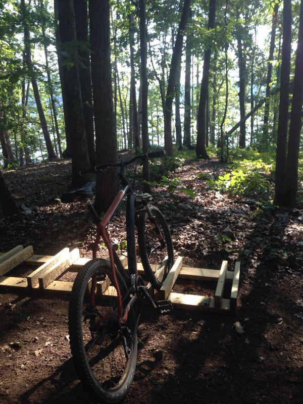 A mountain bike parked on wooden planks in a forested area, surrounded by tall trees and dappled sunlight filtering through the leaves. In the background, a glimpse of water is visible through the trees. The ground is covered in leaves and dirt, creating a natural outdoor setting. Charleston Park mountain bike trail.