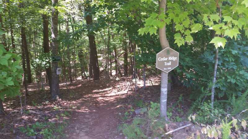 A wooded trail entrance marked by a sign reading "Cedar Ridge Trail." The path is surrounded by lush green foliage, and sunlight filters through the trees, creating a serene atmosphere. Cedar Ridge Chatmoss mountain bike trail.