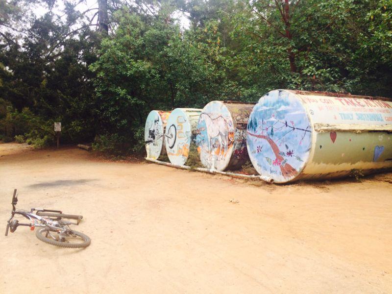 Four large, cylindrical containers with colorful graffiti stand alongside a dirt path lined with trees. A mountain bike lies on its side in the foreground, suggesting a recent ride. The scene captures a blend of nature and urban art in a recreational area. UCSC mountain bike trail.