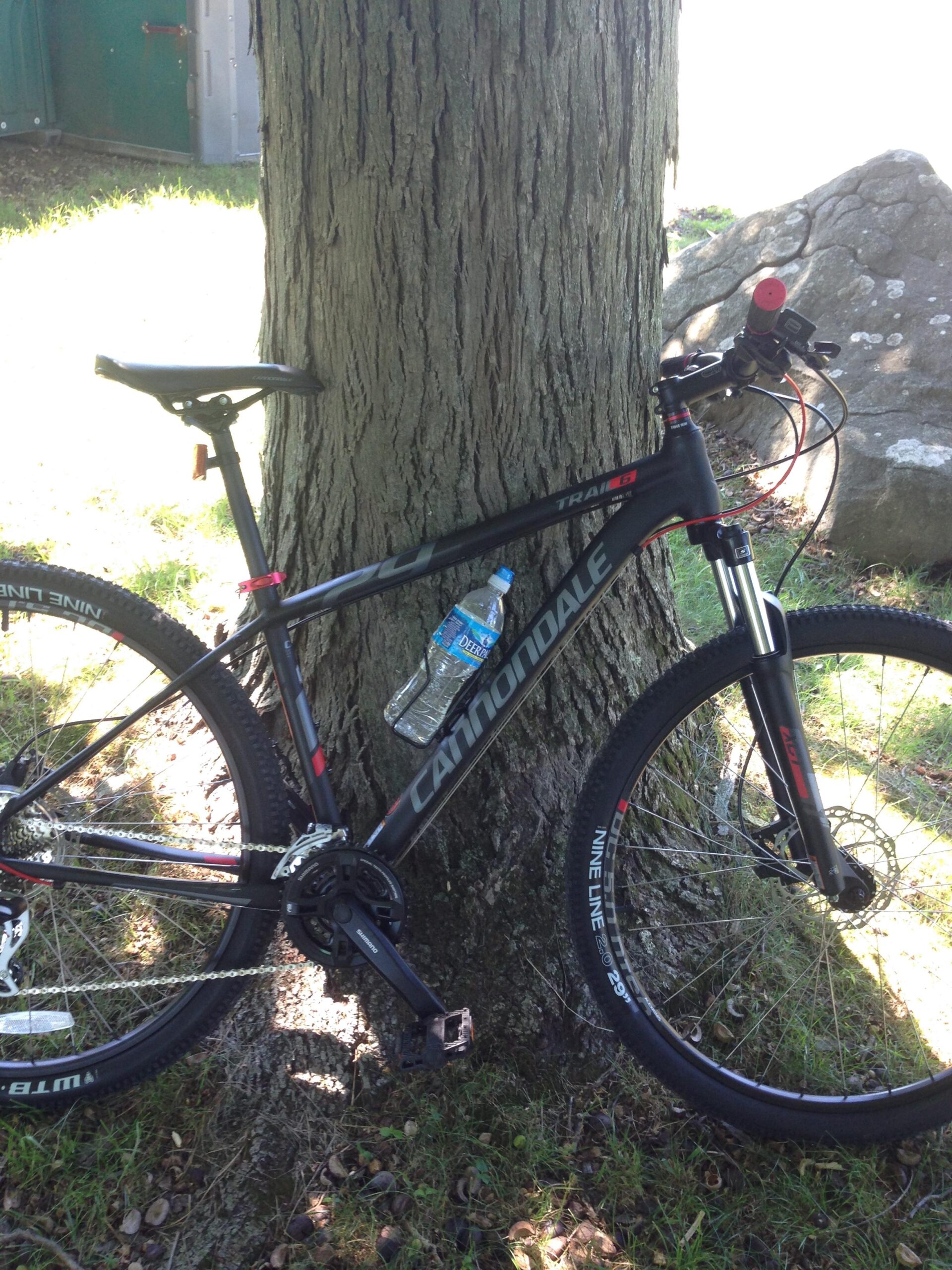 Cannondale Trail 6: A black Cannondale mountain bike leaning against a tree with a water bottle attached to the frame. The background features grass and a rock, with a hint of a green structure in the distance.