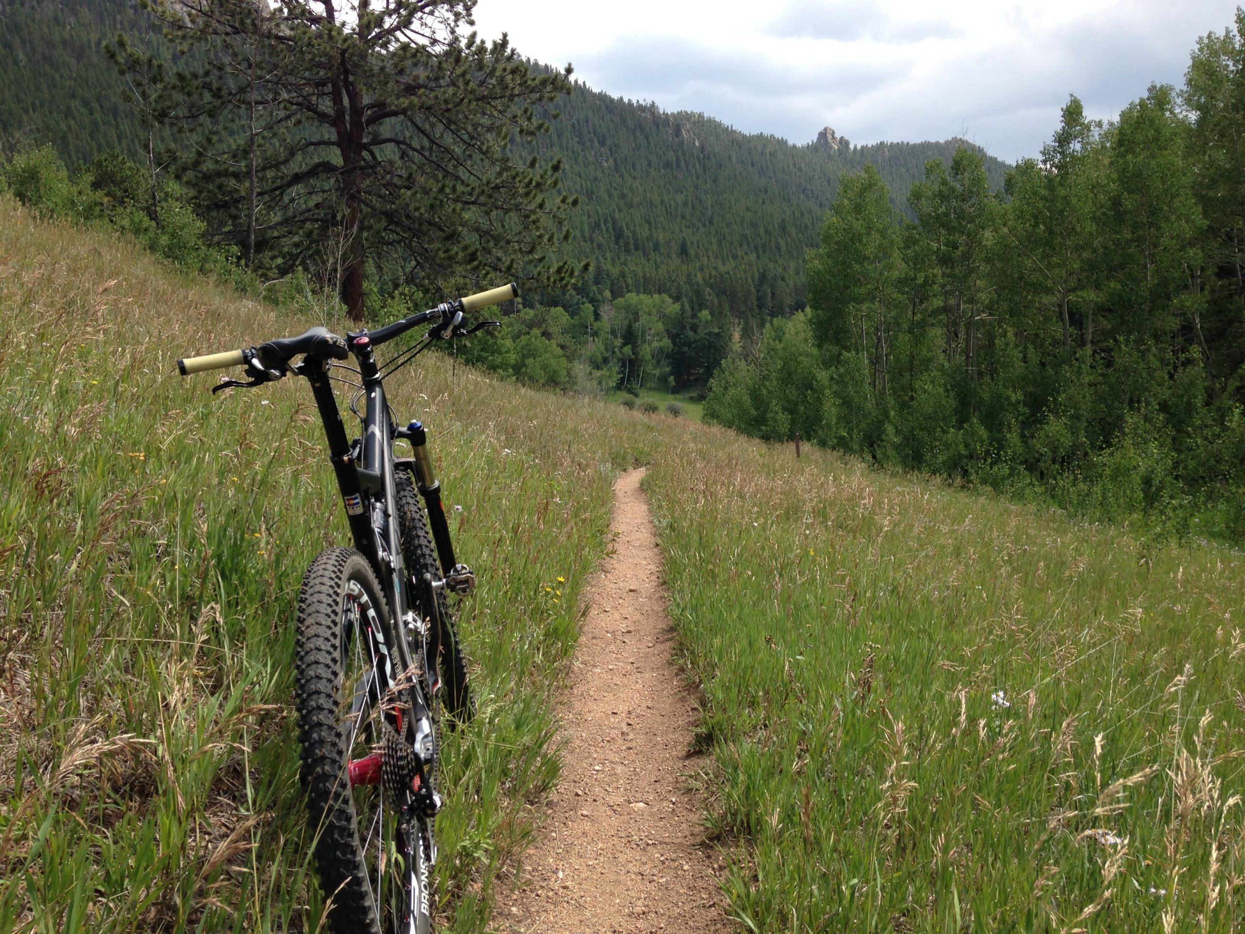 A mountain bike leaning against a grassy hillside, with a dirt trail winding through the landscape. In the background, lush green trees and mountains are visible under a partly cloudy sky. Golden Gate Canyon State Park mountain bike trail.