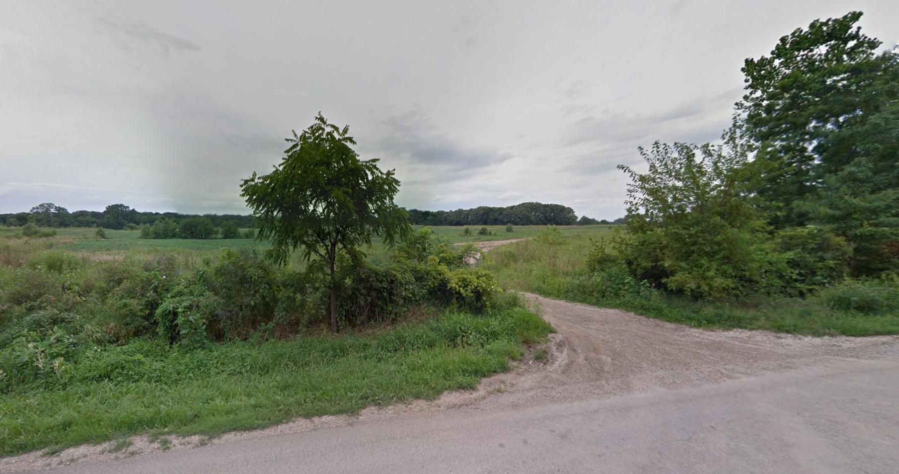 A scenic view of an open landscape featuring a dirt path leading into a green field. The area is bordered by lush vegetation and small trees, with a cloudy sky overhead, creating a tranquil and natural setting. Mokena Regan Road Trails mountain bike trail.
