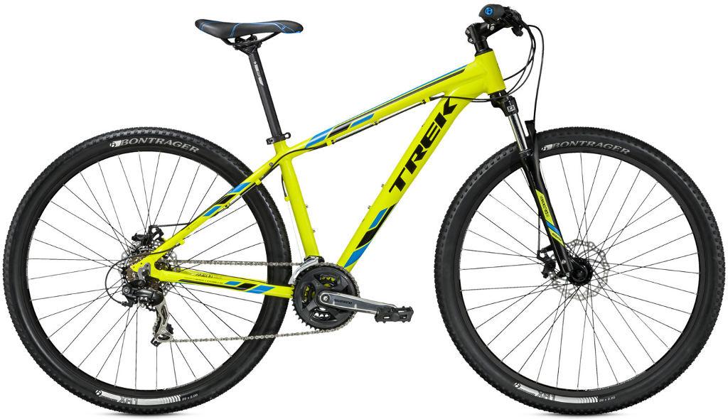 Trek Marlin 5 29er: A bright yellow mountain bike with blue accents, featuring a lightweight frame, front suspension, and knobby tires for rugged terrain. The bike is positioned against a plain background, showcasing its design and components.