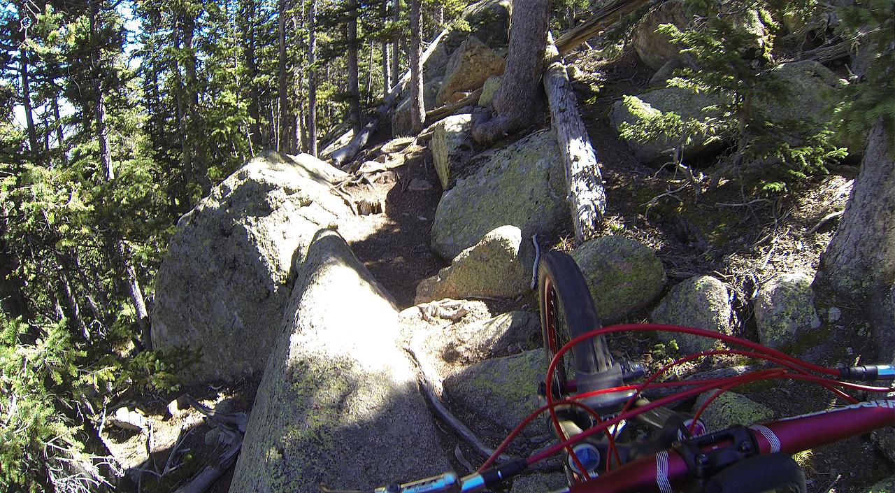 A mountain biker's perspective on a rocky trail surrounded by trees, showcasing boulders and rugged terrain. The image captures the front wheel of the bike and part of the handlebars, emphasizing the challenging path ahead. Elk Park Trail mountain bike trail.