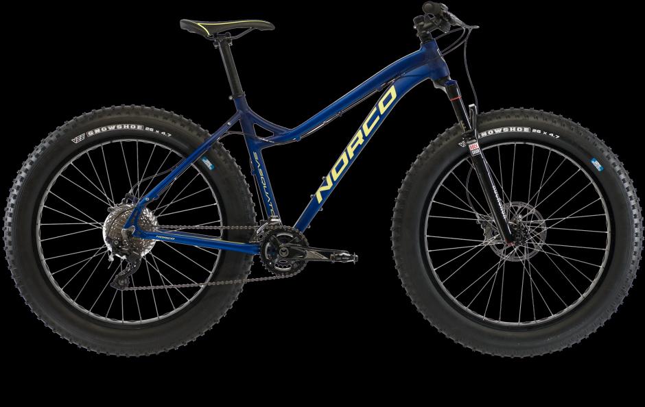 Norco Sasquatch: A sleek blue Norco fat bike featuring wide tires, a lightweight frame, and a front suspension fork, positioned against a black background. The bike is designed for optimal performance on various terrains.