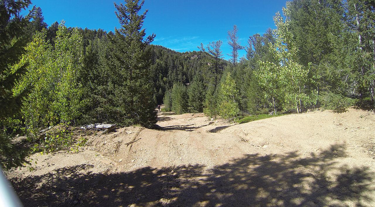 A dirt pathway lined with tall green trees, leading into a forested area under a clear blue sky. The ground is uneven with patches of exposed dirt and scattered rocks, suggesting a natural, rugged terrain. Sunlight casts shadows across the landscape. Longs Ranch Road mountain bike trail.