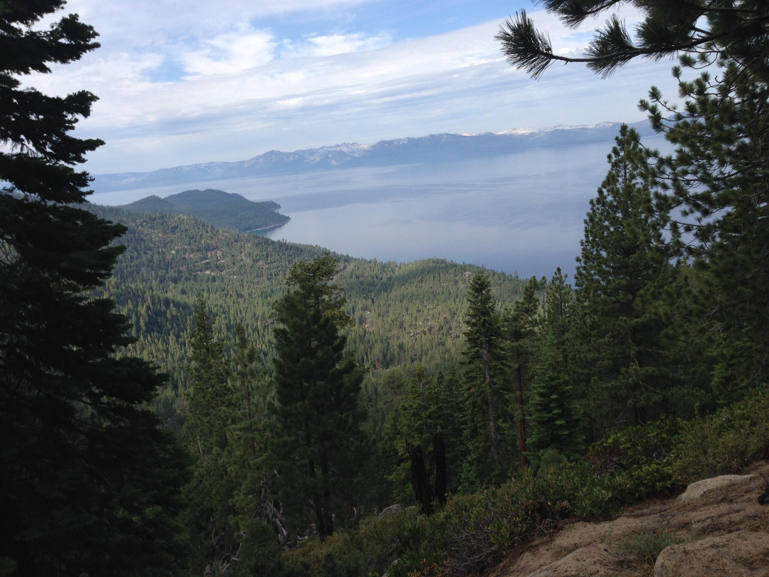 A scenic view of Lake Tahoe from a forested vantage point, featuring pine trees in the foreground and rolling hills leading down to the lake. The calm water reflects the sky, with distant mountains visible on the horizon under a partly cloudy sky. Flume Trail mountain bike trail.