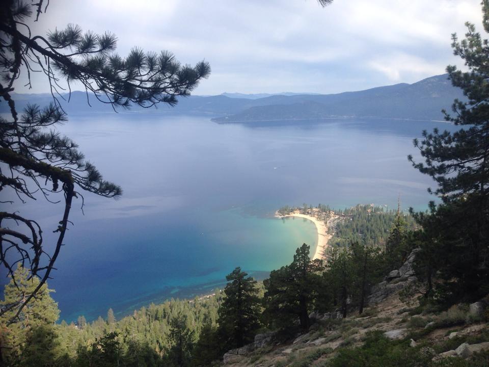 A scenic view of Lake Tahoe, featuring a tranquil blue lake surrounded by lush green trees and mountains. The shoreline includes a sandy beach, and the reflection of the sky can be seen on the water. Pine tree branches frame the image from the left side. Flume Trail mountain bike trail.