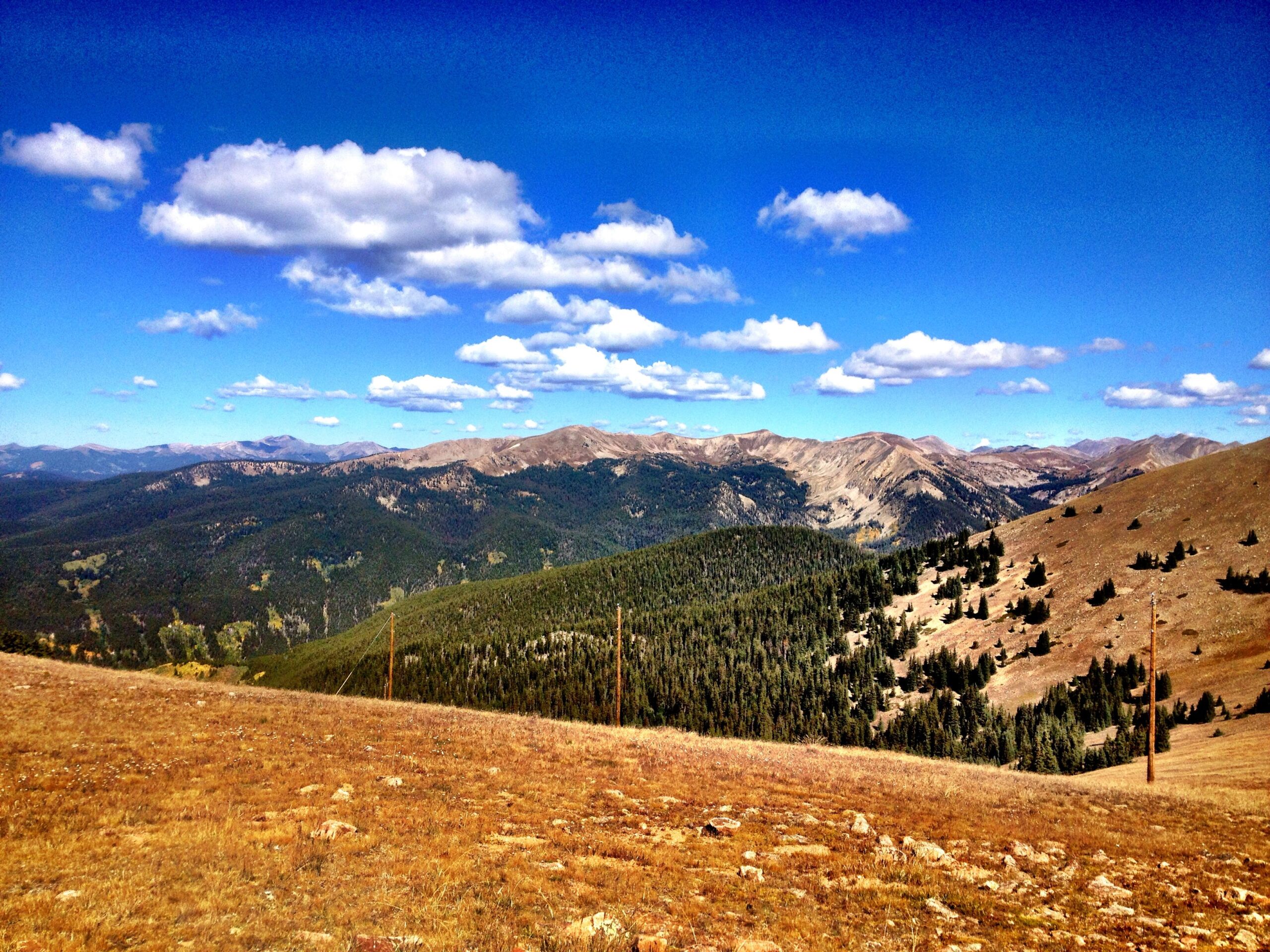 A panoramic view of a mountainous landscape featuring rolling hills covered in green forests and brown grasslands under a bright blue sky with fluffy white clouds. The scene captures the beauty of nature, showcasing various elevations and distant peaks. CDT: Monarch Pass to Boss Lake / Hunt Lake Trail mountain bike trail.