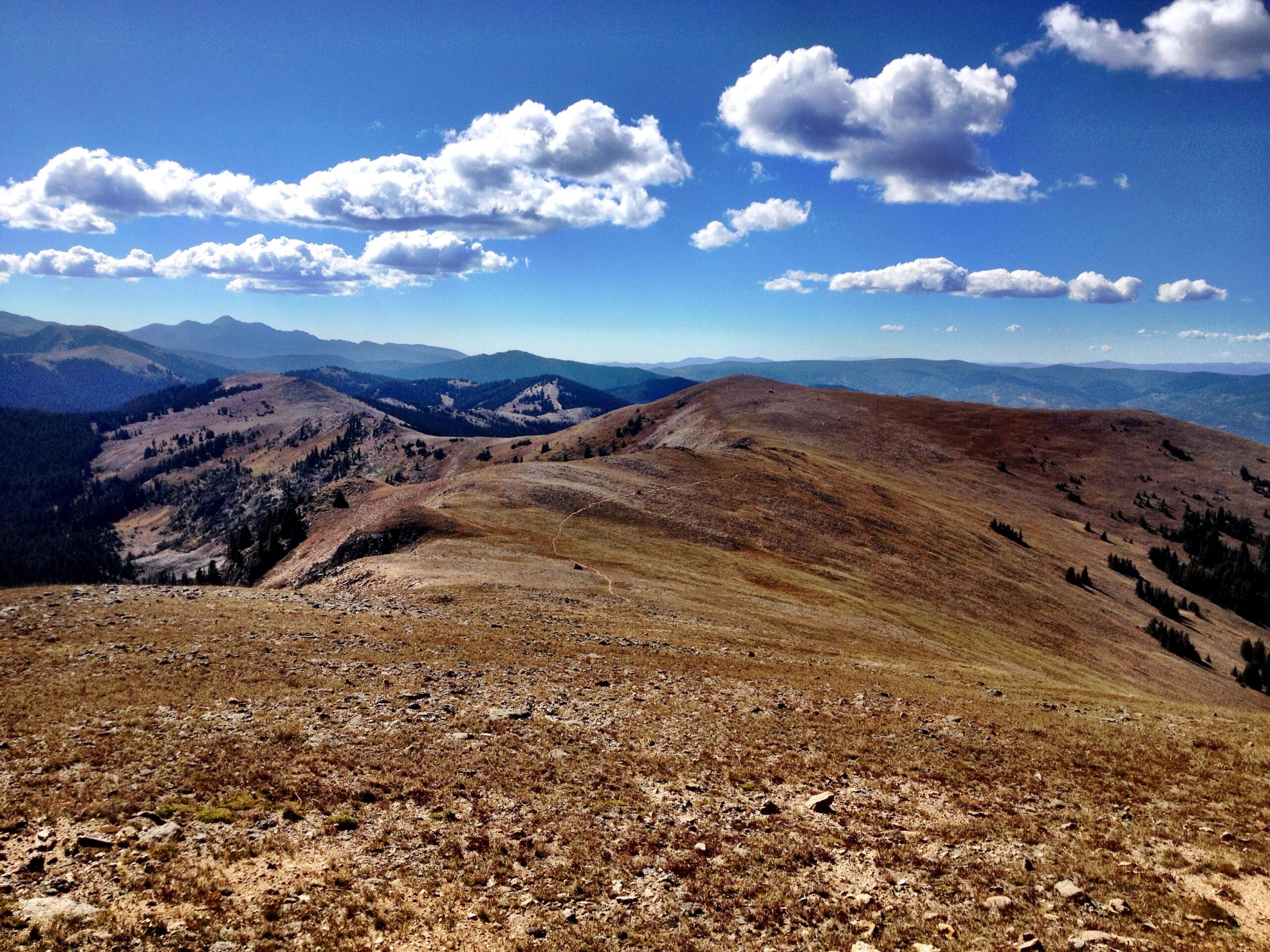 A panoramic view of a mountainous landscape, featuring rolling hills covered with sparse vegetation and rocky terrain. The sky is bright blue with scattered white clouds, and distant mountains can be seen on the horizon, creating a serene and expansive natural scene. CDT: Monarch Pass to Boss Lake / Hunt Lake Trail mountain bike trail.