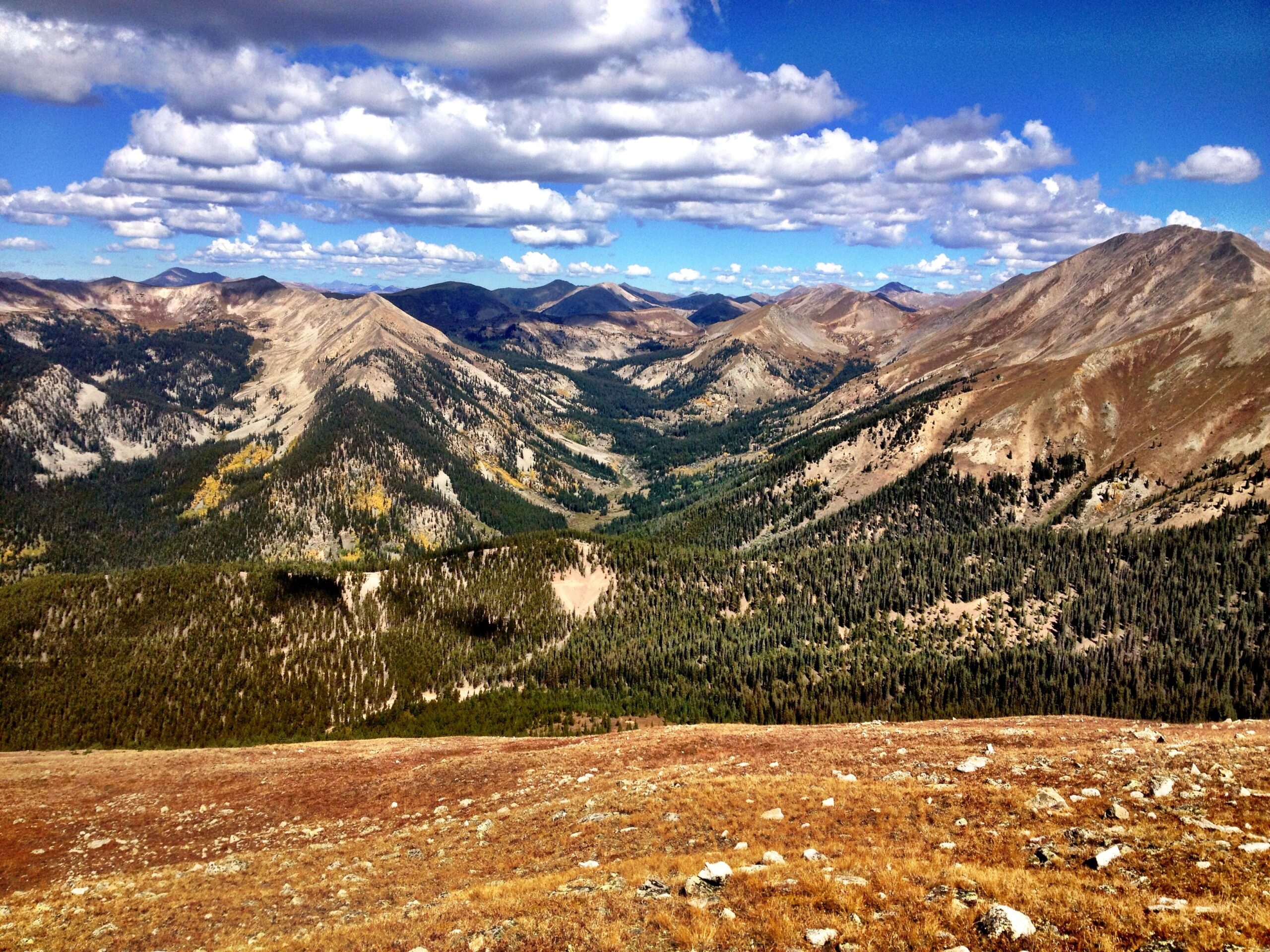 A panoramic view of rugged mountains under a blue sky adorned with fluffy white clouds. The landscape features a mix of rolling hills and steep peaks, with a variety of greenery and patches of bare earth, suggesting a mountainous region during autumn. CDT: Monarch Pass to Boss Lake / Hunt Lake Trail mountain bike trail.