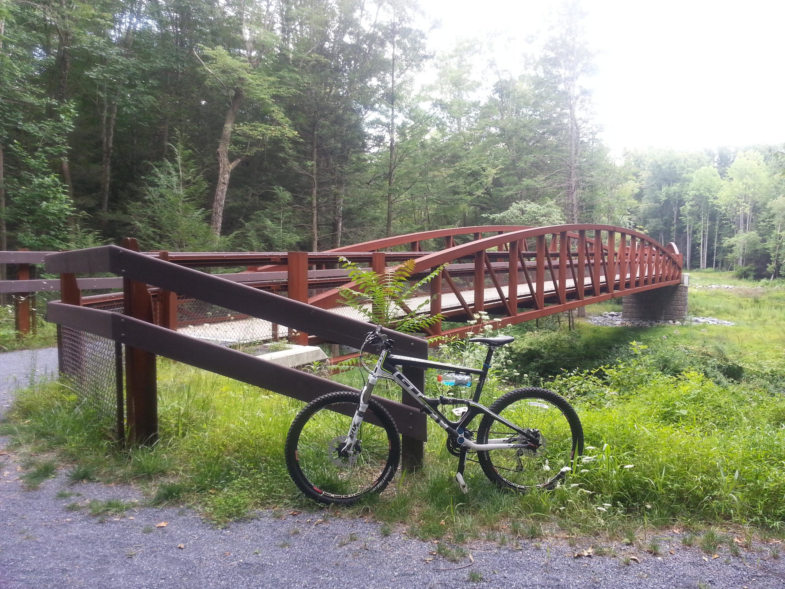 A mountain bike parked beside a wooden bridge in a lush green forest. The bridge features a curved design and spans a small stream, surrounded by dense foliage and tall trees. Swatara State Park mountain bike trail.
