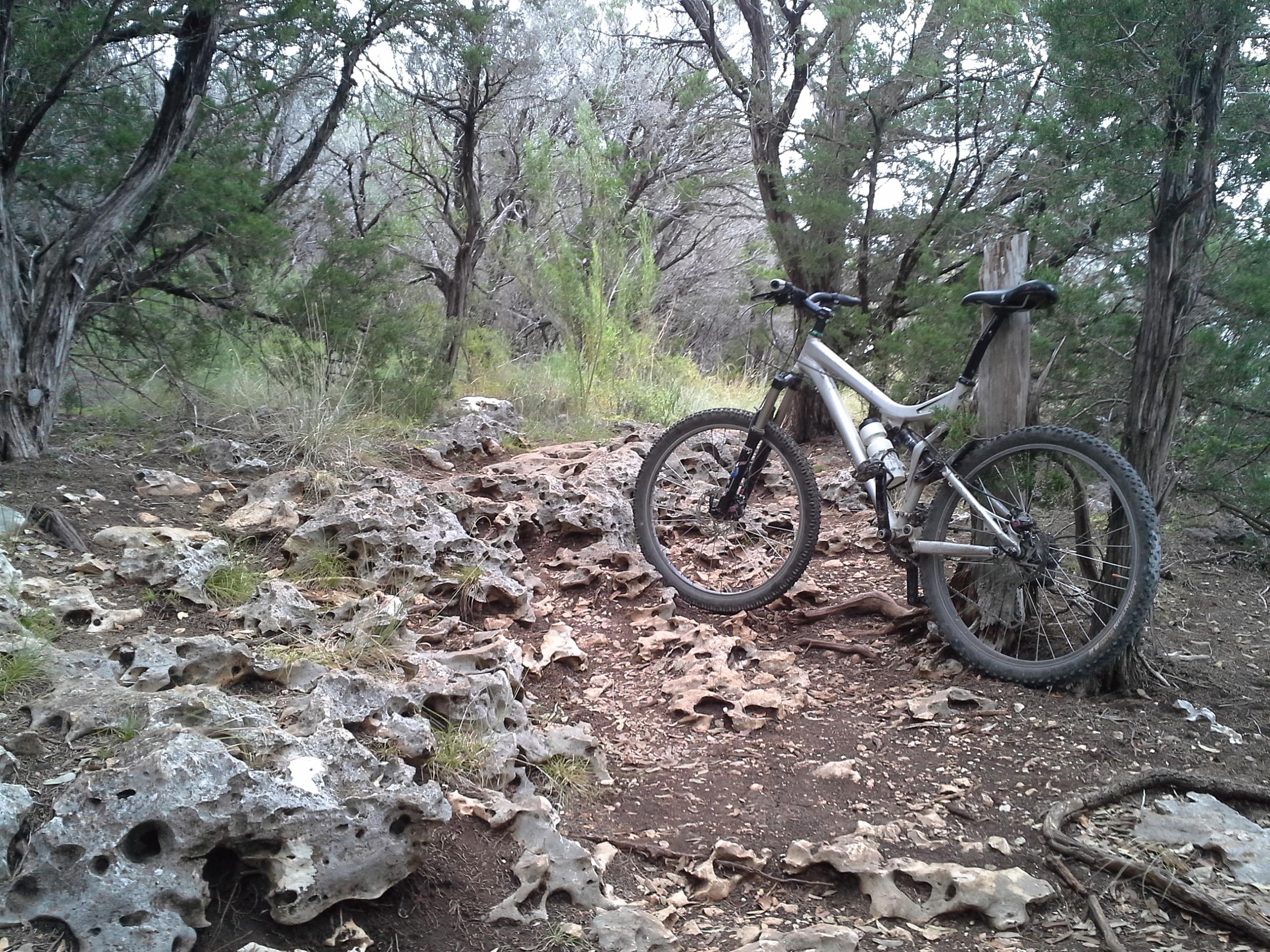 A mountain bike rests on rocky terrain surrounded by trees in a natural setting, highlighting the rugged landscape suitable for outdoor cycling. Goodwater Trail mountain bike trail.