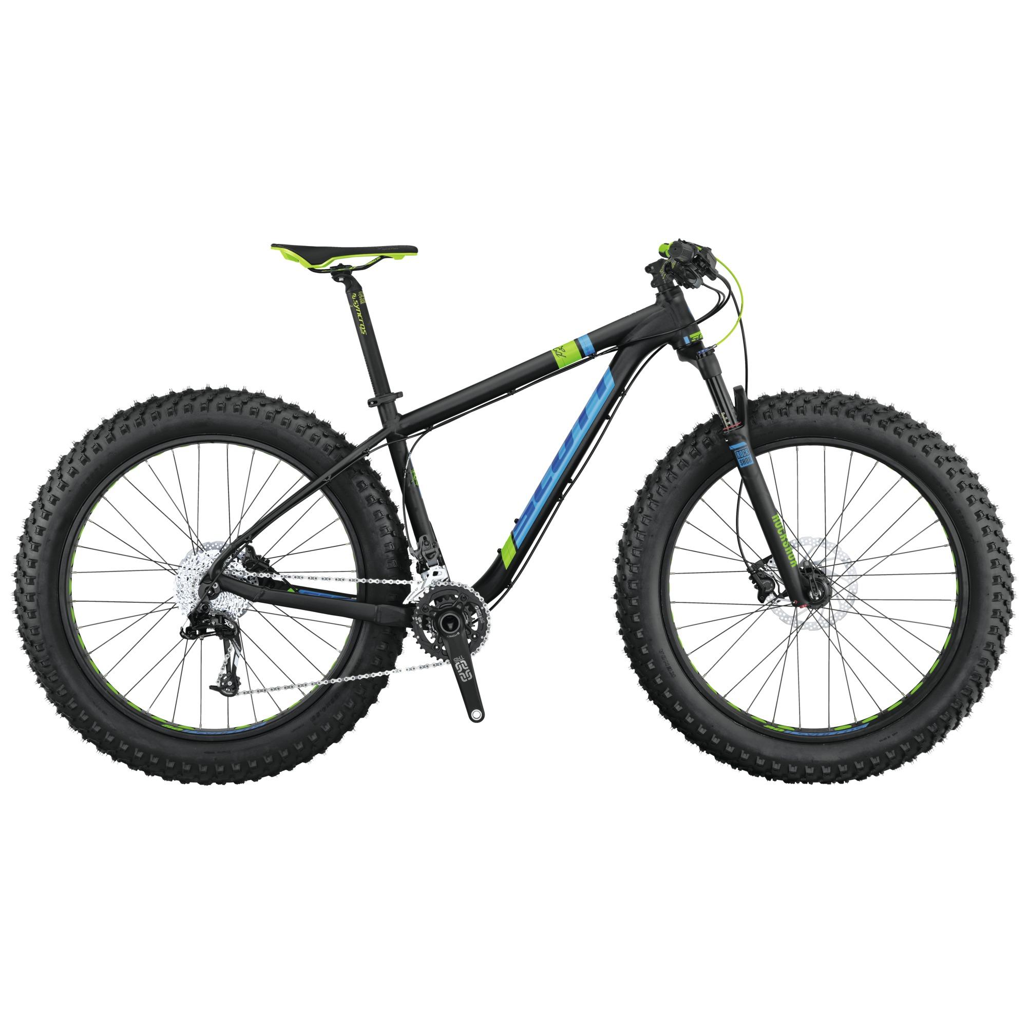 Scott Big Ed: A black and green fat bike with wide, knobby tires designed for off-road cycling. The bike features a sleek frame, adjustable seat, and front suspension, making it suitable for various terrains.