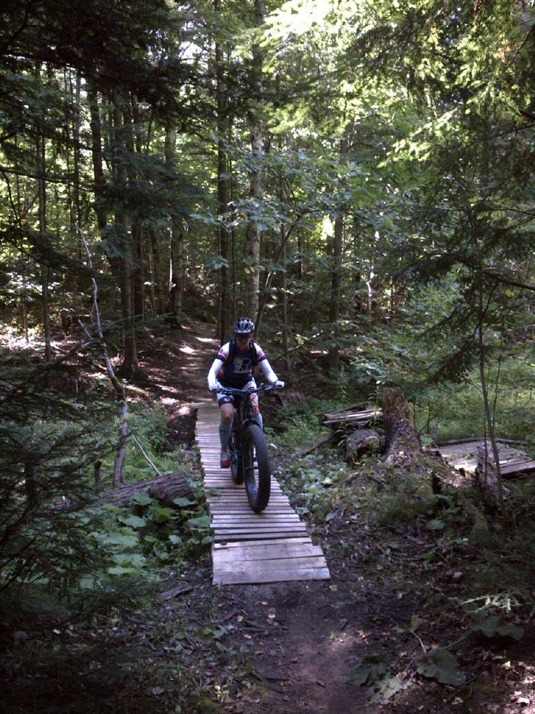 A mountain biker riding on a narrow wooden bridge over a trail in a dense forest, surrounded by green trees and foliage, illuminated by sunlight filtering through the leaves. Coulson's Hill mountain bike trail.