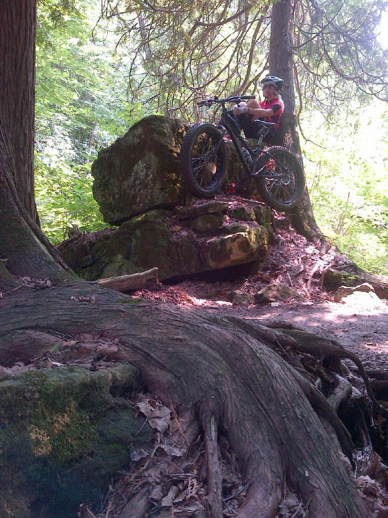 Norco Bigfoot: A young cyclist in a red and black shirt sits on a large rock in a wooded area, balancing on a mountain bike. Surrounding the rider are lush green trees and foliage, with exposed tree roots and leaves on the ground. The scene captures a moment of adventure and exploration in nature.