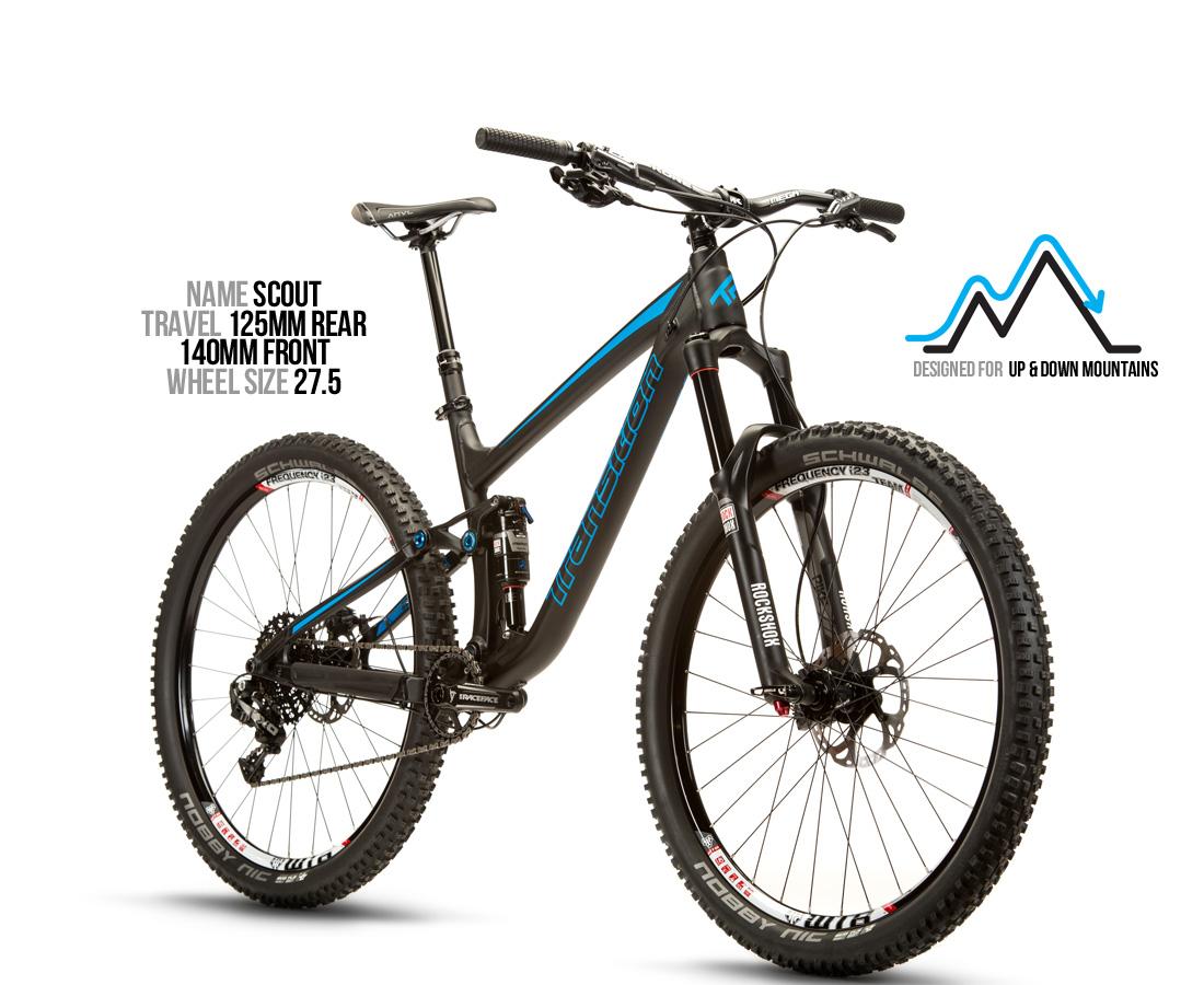 Transition Scout: Alt text: A mountain bike named Scout featuring a sleek black frame with blue accents. It has a rear travel of 125mm, a front travel of 140mm, and 27.5-inch wheels. The bike is designed for riding up and down mountains, with high-quality components visible, including a RockShox fork and Schwalbe tires.