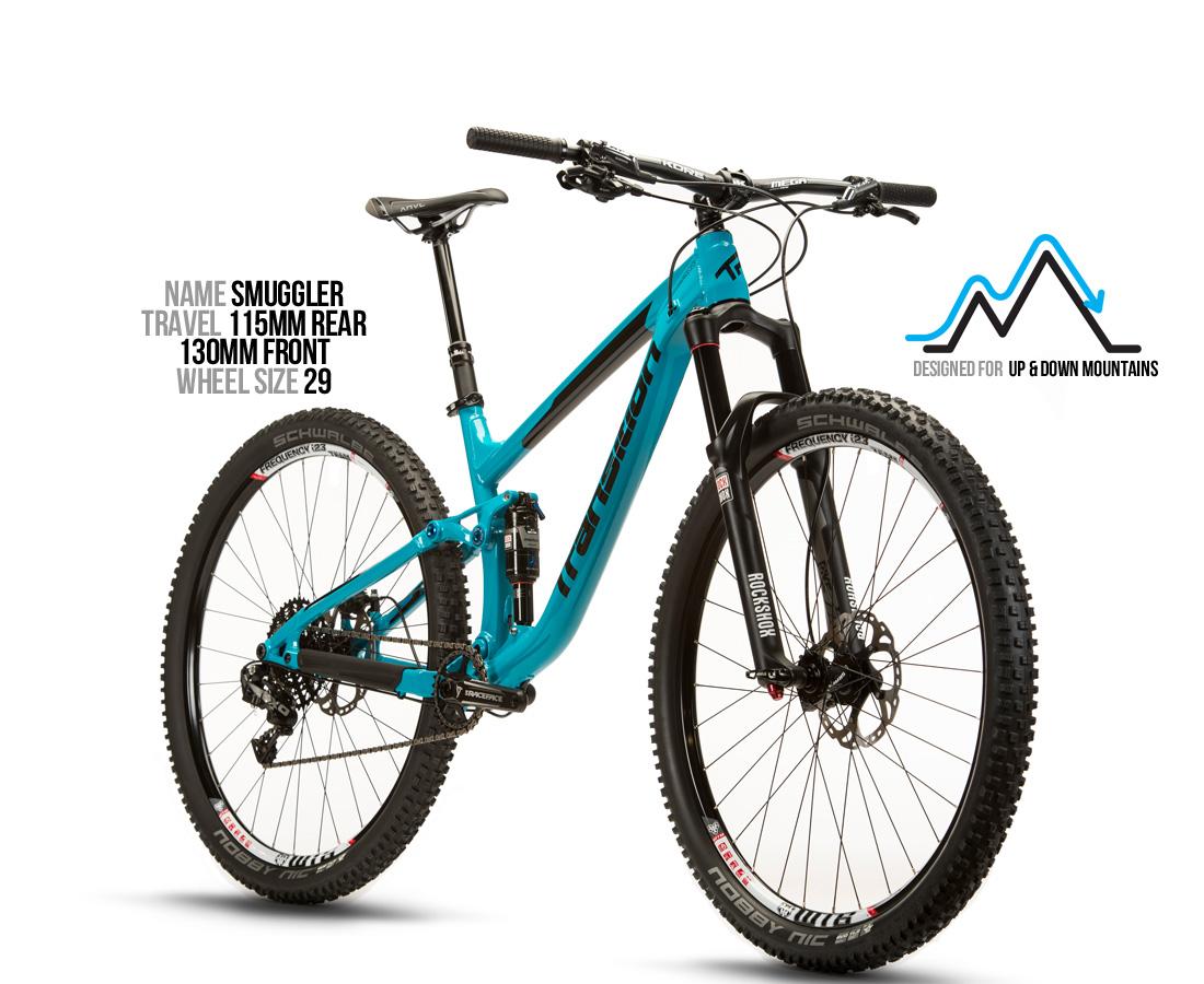 Transition Smuggler: Alt text: A blue mountain bike named "Smuggler" with 115mm rear and 130mm front travel, featuring 29-inch wheels. The bike is designed for both uphill and downhill trails.