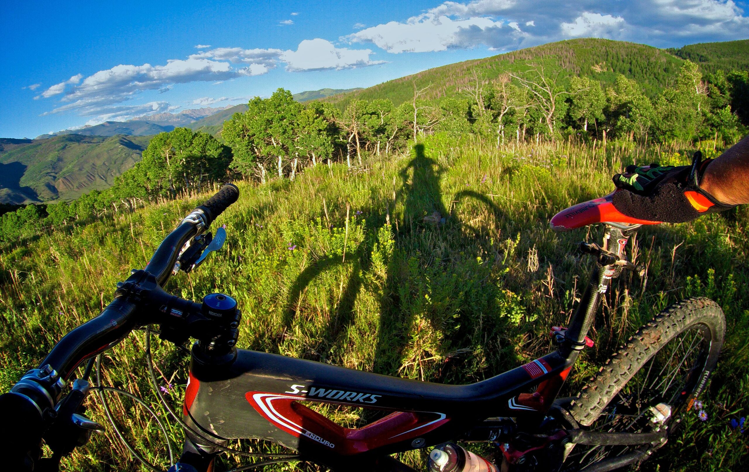 Specialized S-Works: Mountain bike handlebars in the foreground with a shadow of a cyclist, surrounded by lush greenery and mountains under a blue sky with scattered clouds.