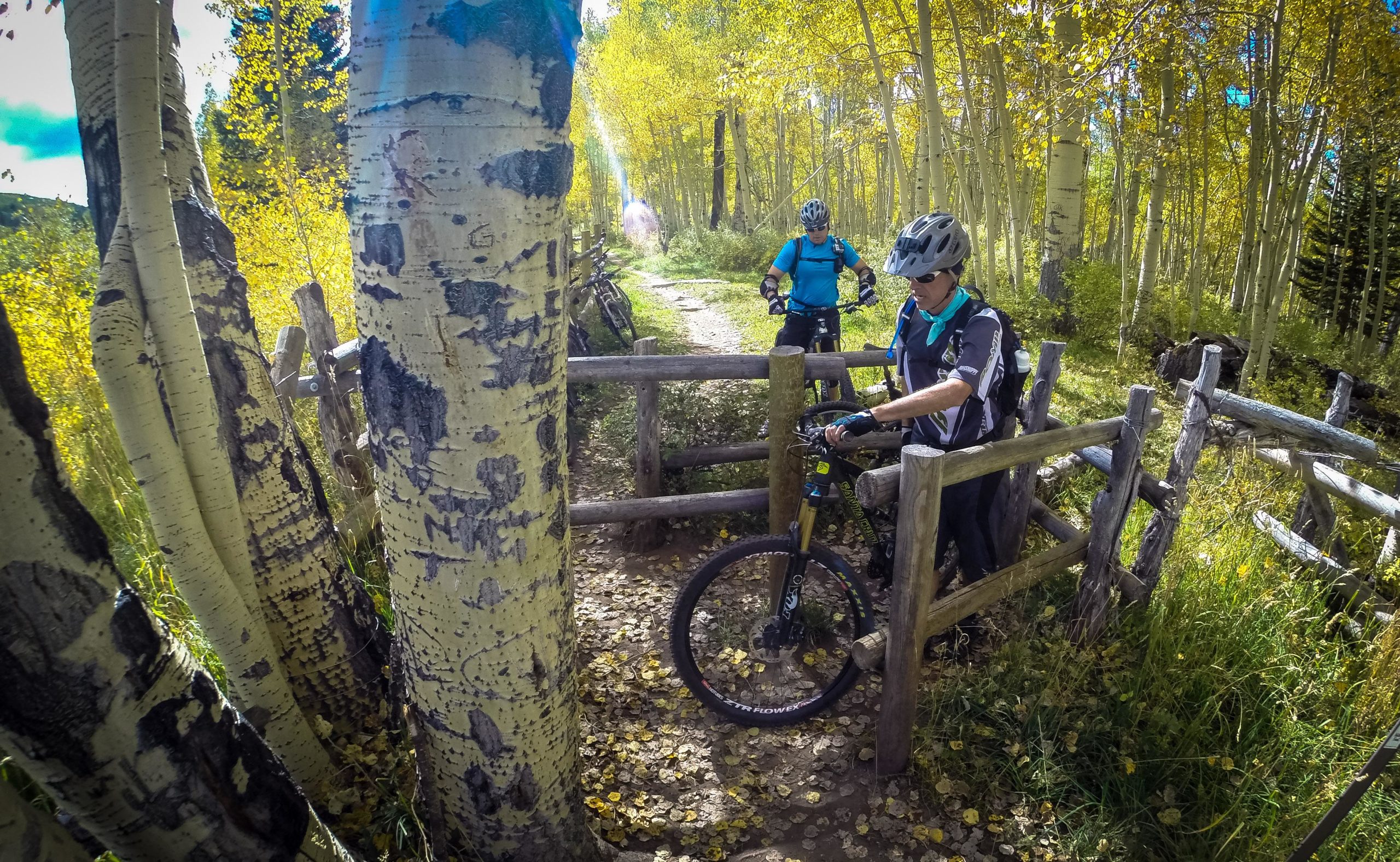 Two mountain bikers pause at a wooden gate along a dirt trail surrounded by tall aspen trees. The scene features bright yellow leaves indicating a fall setting, with sunlight filtering through the trees. One biker is adjusting their bike while the other stands nearby, both wearing helmets and colorful riding gear. The Whole Enchilada mountain bike trail.